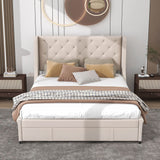 Queen Upholstered Bed Frame with Wingback Headboard and Storage