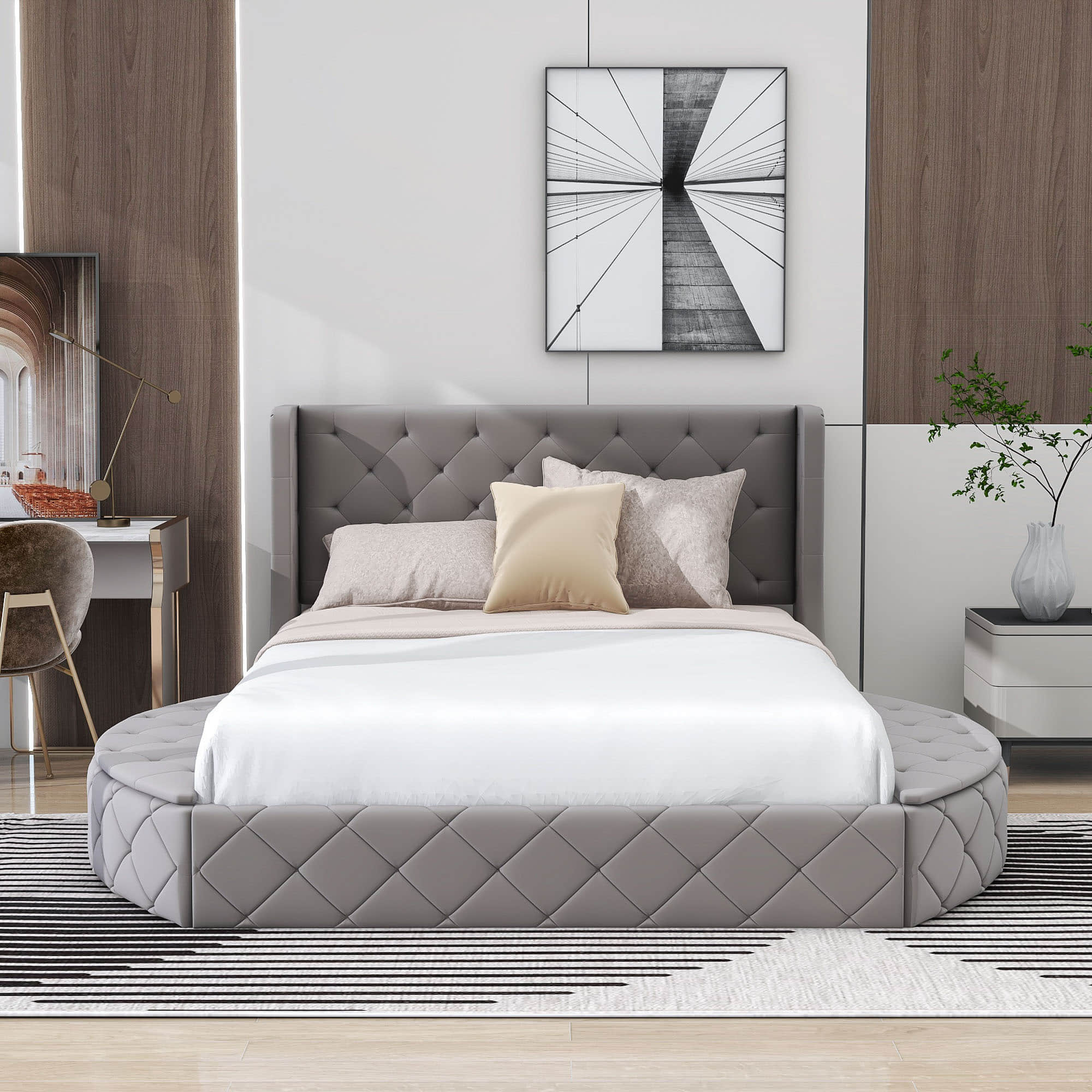 Upholstered Queen Platform Bed Frame with Wingback Headboard and Storage