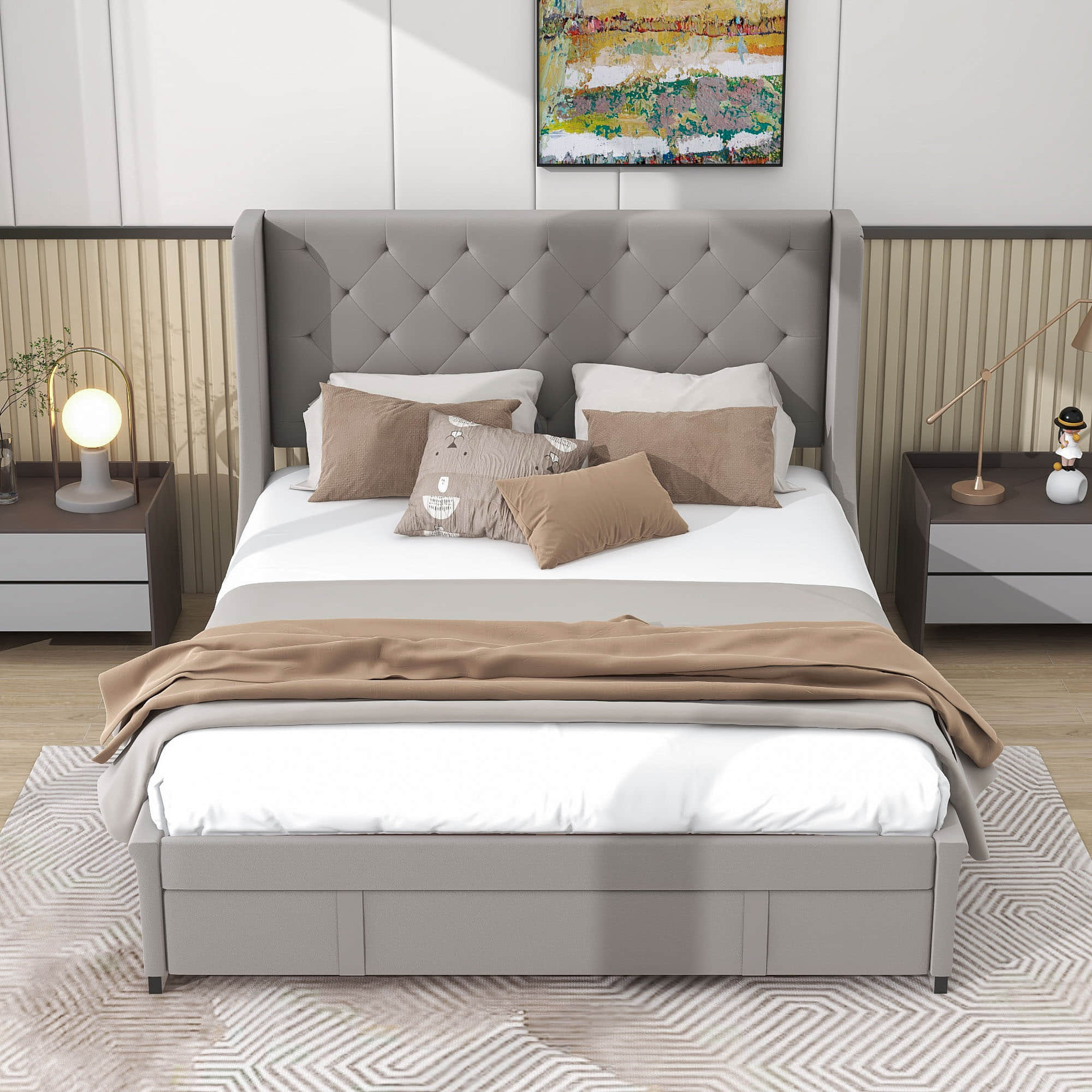 Queen Upholstered Bed Frame with Wingback Headboard and Storage