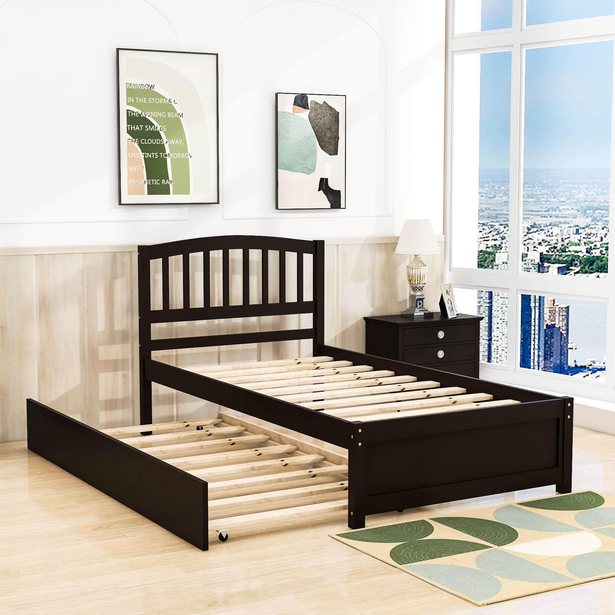 Wooden Twin Platform Bed with Trundle and Headboard