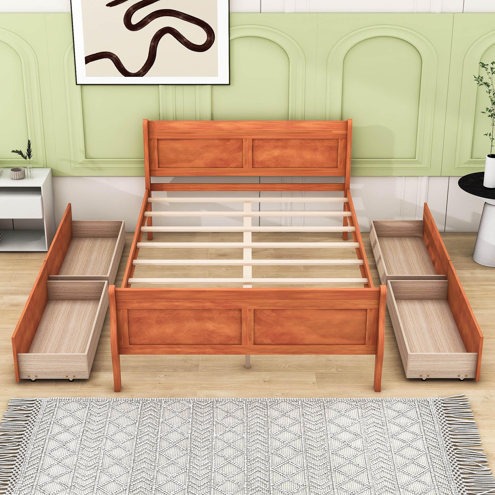 Wood Full Size Sleigh Bed Frame with Headboard and Storage Drawers