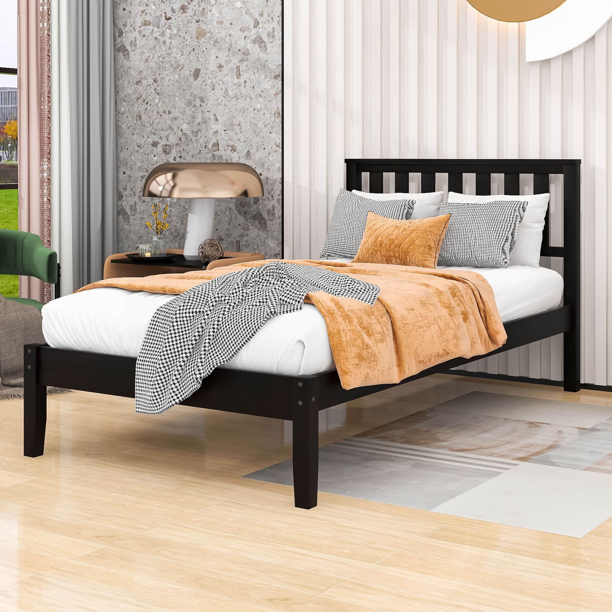 Wood Twin Size Platform Bed Frame with Headboard - [Mattress Foundation]