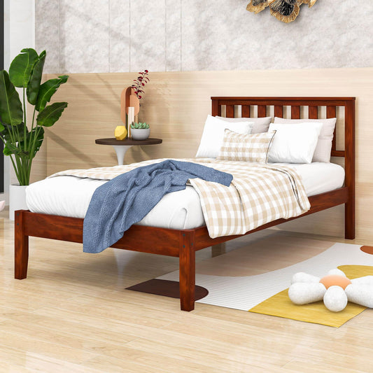 Wood Twin Size Platform Bed Frame with Headboard - [Mattress Foundation]