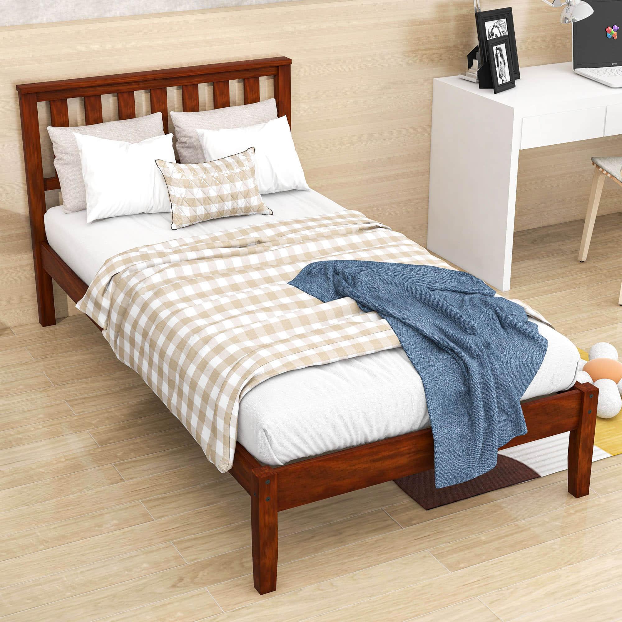 Wood Twin Size Platform Bed Frame with Headboard - [Mattress Foundation]