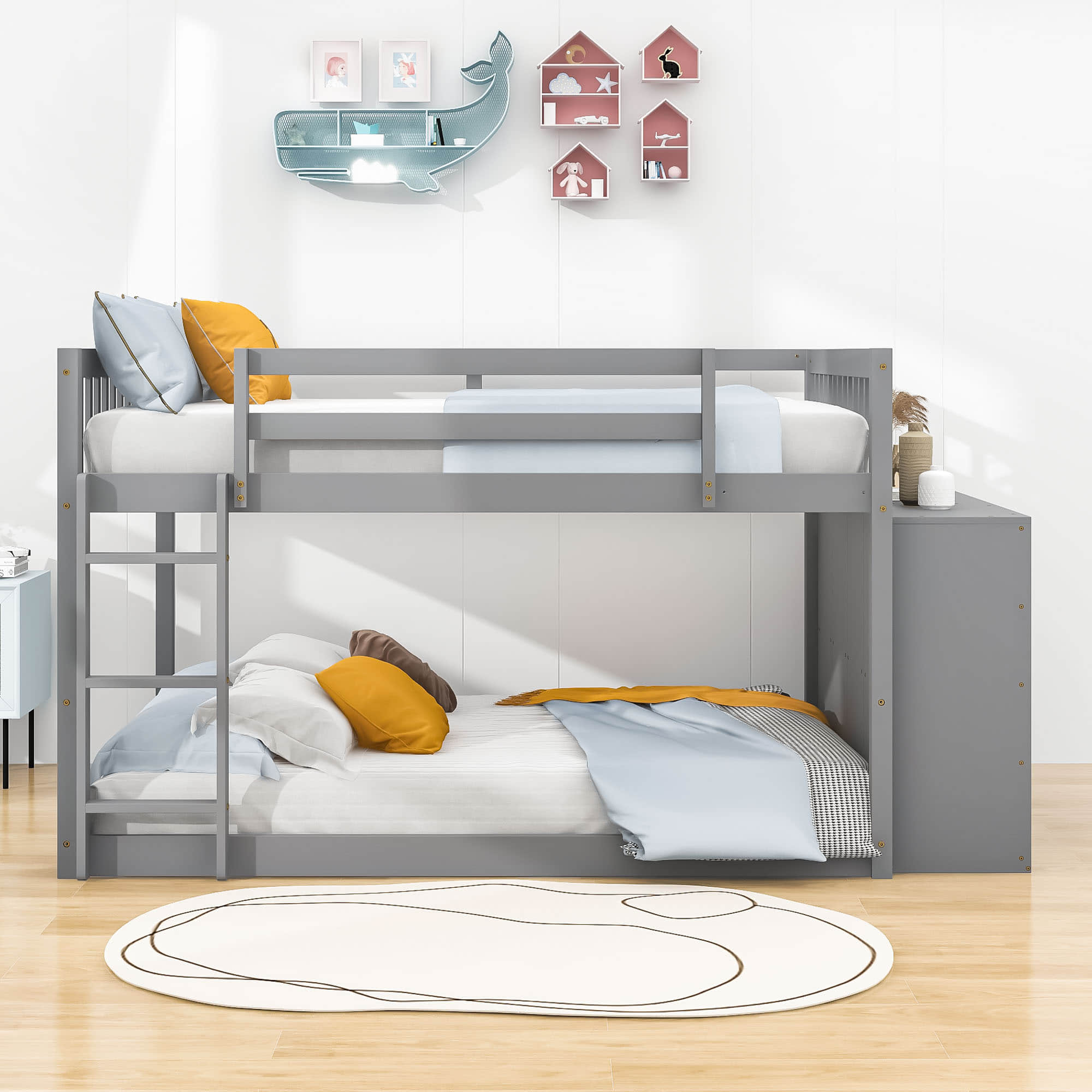 Low Full Over Full Bunk Beds for Kids, Toddlers with Storage - [Wood]