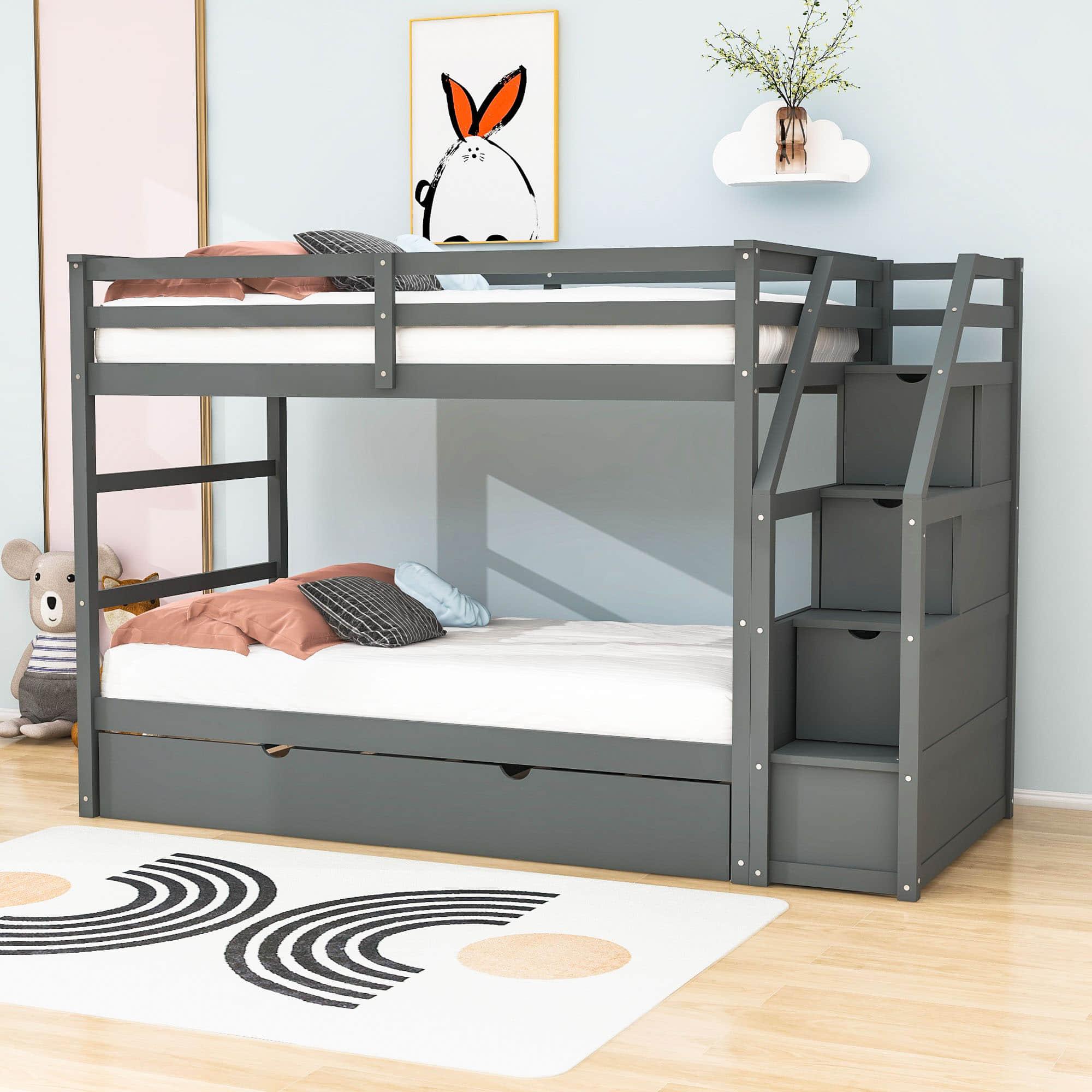 Low Twin Over Twin Bunk Beds for Kids with Storage Stairs and Trundle