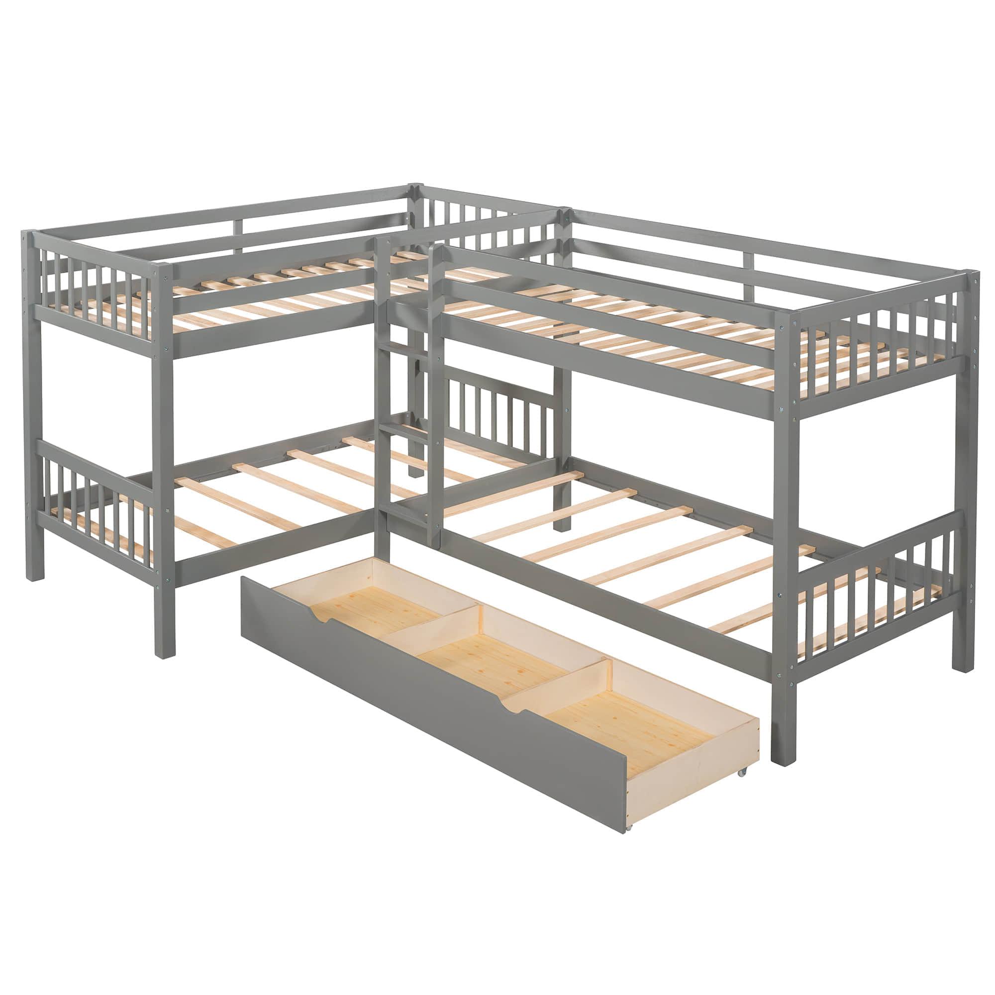 Twin L-Shaped Quad Bunk Bed with Storage - [Drawers, Ladder]