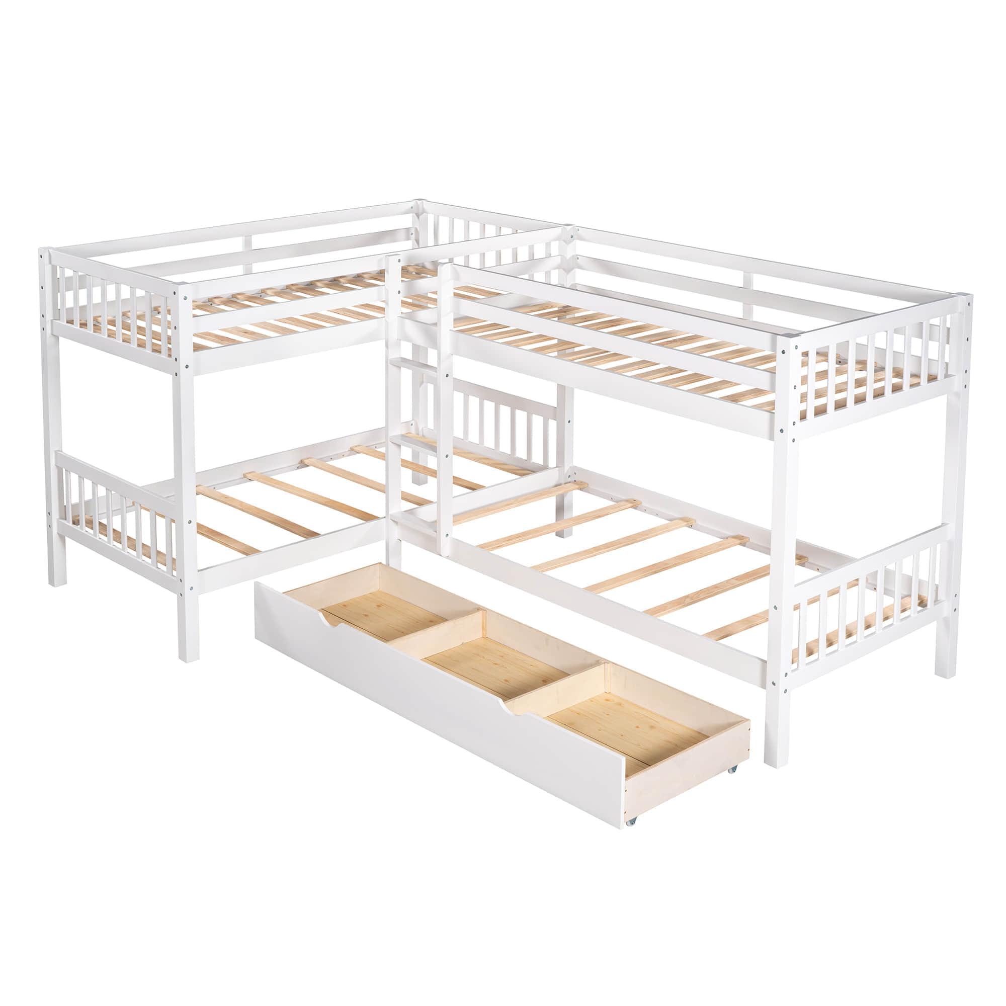 Twin L-Shaped Quad Bunk Bed with Storage - [Drawers, Ladder]