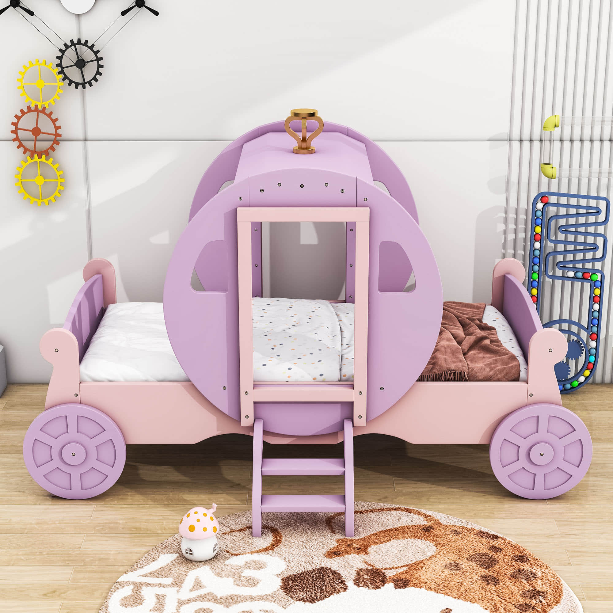 Twin Wood Girls Princess Bed with Stairs - [Carriage Bed with Crown]