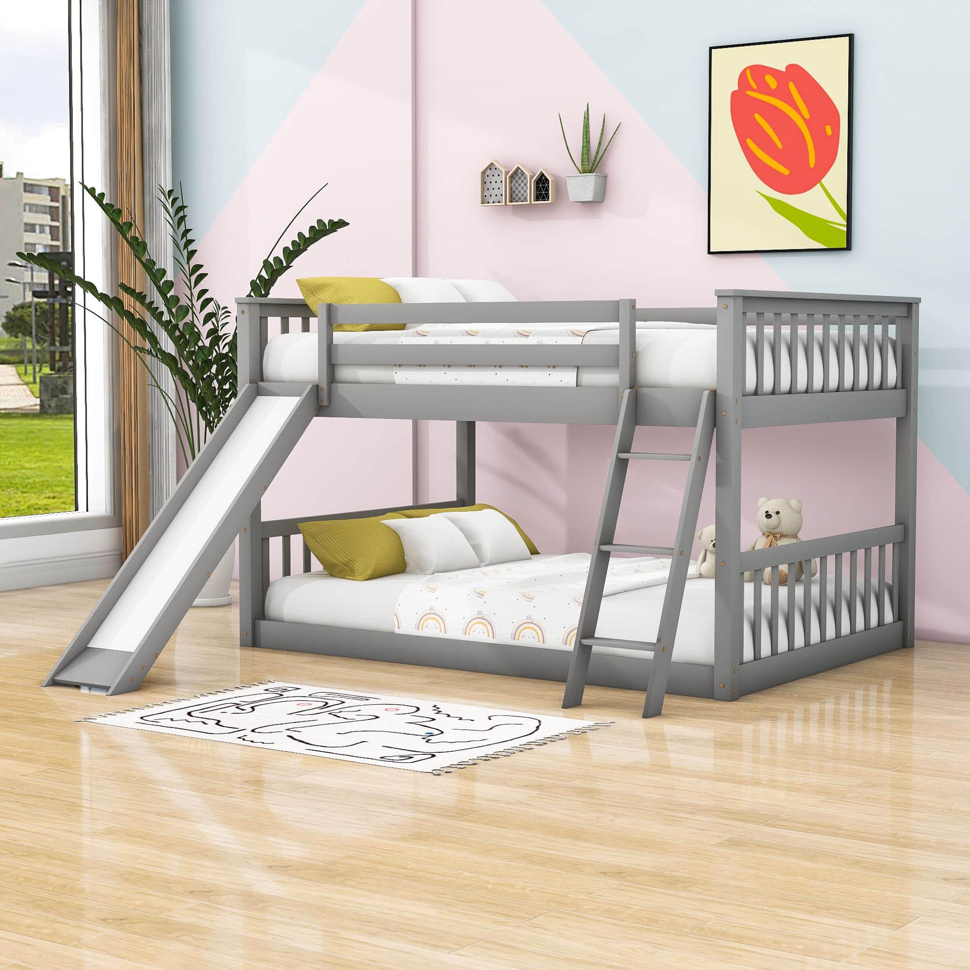 Wood Full over Full Low Bunk Bed with Slide and Ladder - [Convertible, Classic]