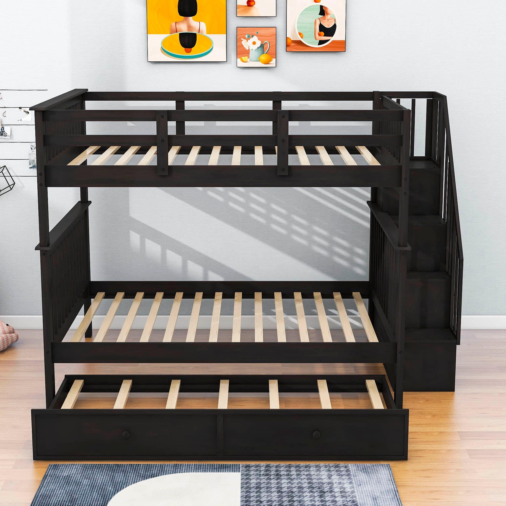 Wooden Full Over Full Bunk Beds with Trundle and Storage - [Stairs, Shelves, Detachable]