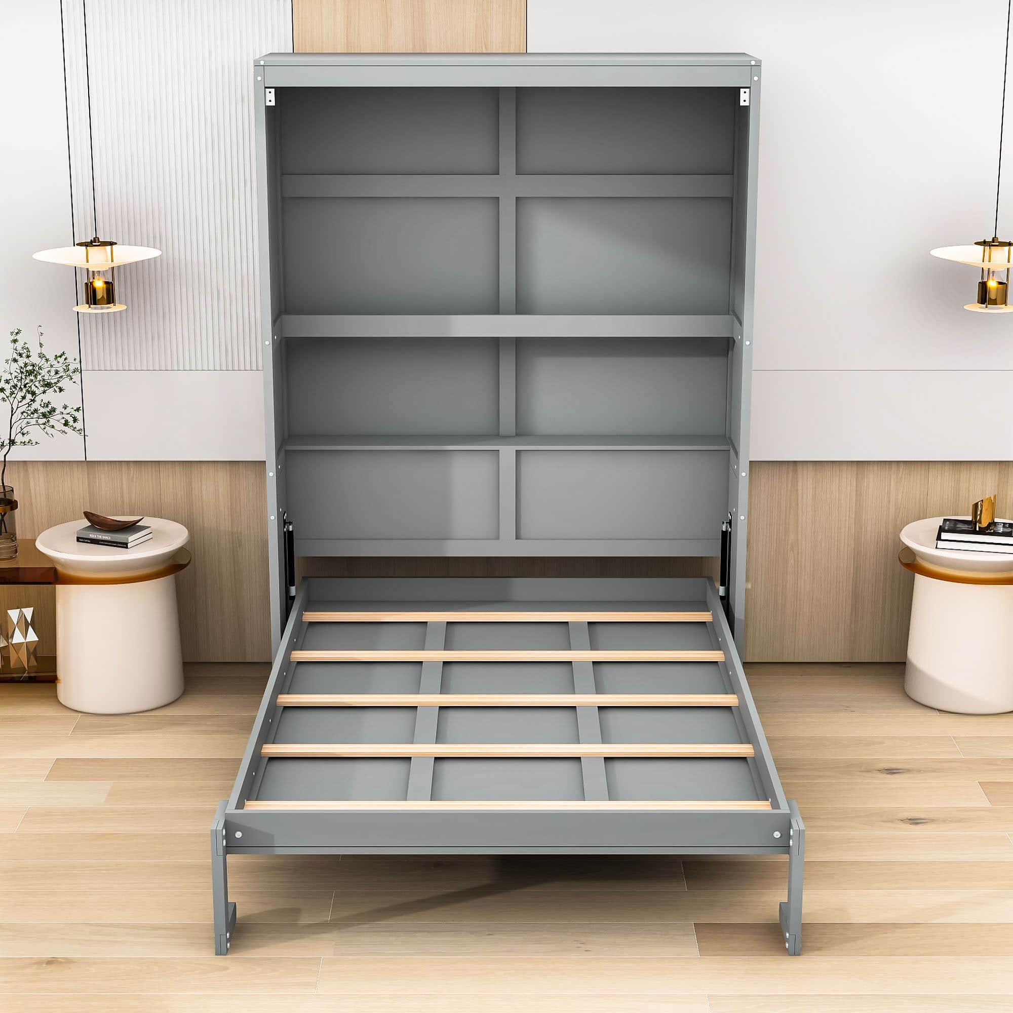 Full Size Murphy Bed Wall Bed with Shelves - [Wood, Vertical]