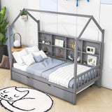 Twin Size Kids House Bed Frame with Twin Trundle and Shelf above Bed