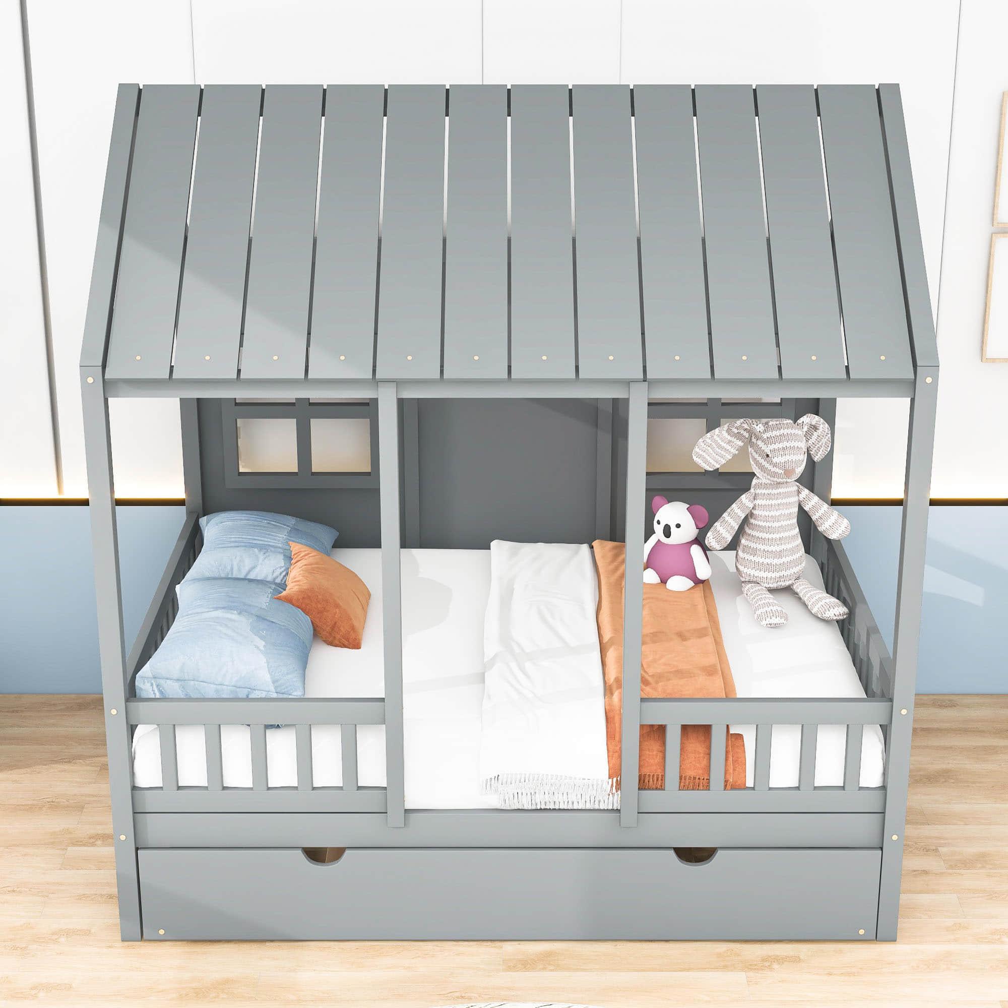 Wooden Full Size Kids House Bed with Twin Trundle Bed and Rails