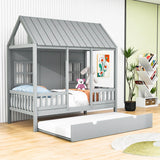 Wooden Twin House Kids Bed with Twin Trundle Bed and Rails