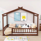 Full Size Wood House Kids Toddler Floor Bed with Rails