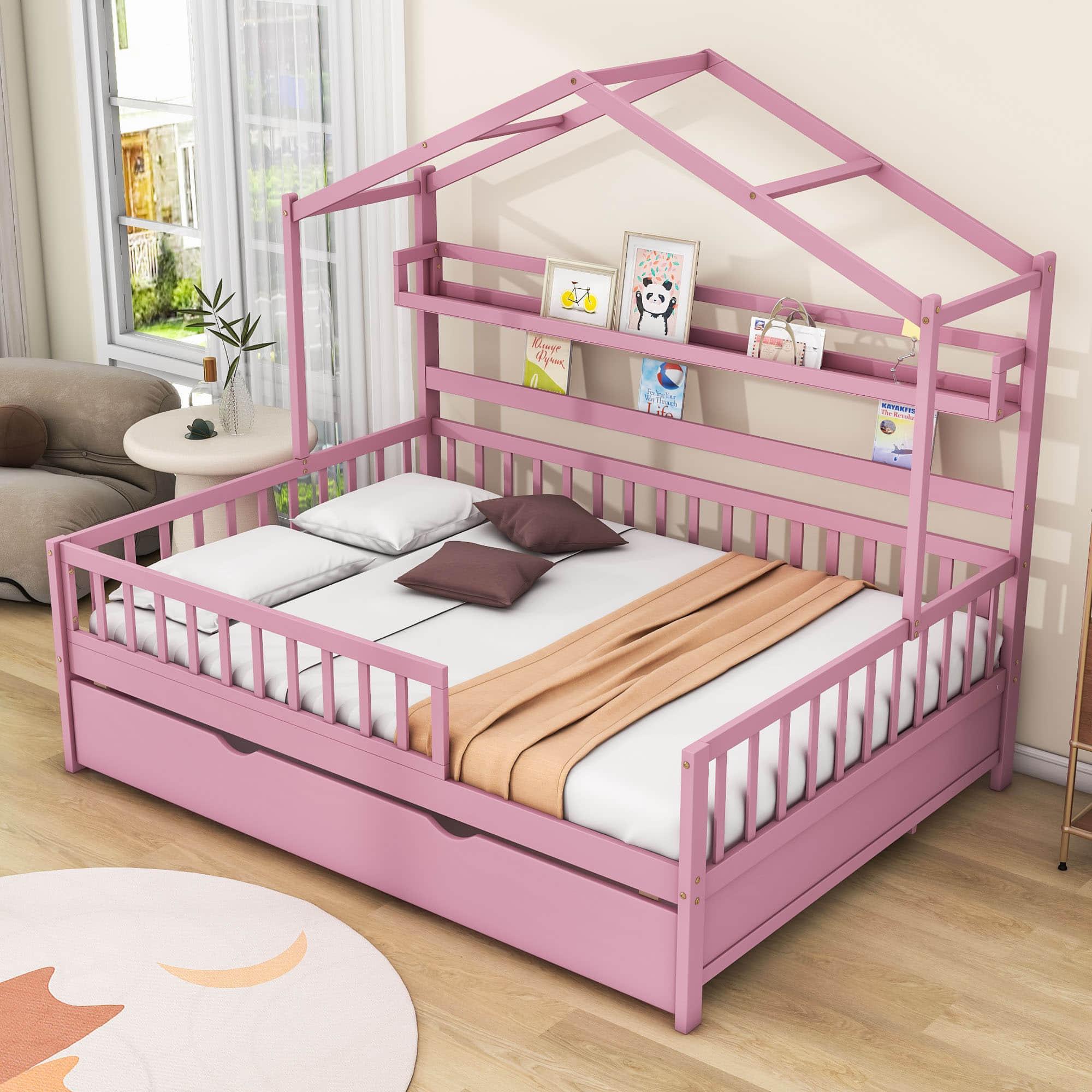 Wood Full Size Low House Bed Frame with Storage and Twin Trundle Bed