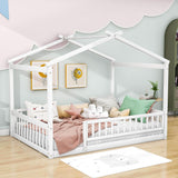 Full Size Wood House Kids Toddler Floor Bed with Rails