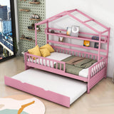 Wood Twin Size Low House Bed Frame with Storage and Twin Trundle Bed