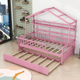 Wood Twin Size Low House Bed Frame with Storage and Twin Trundle Bed