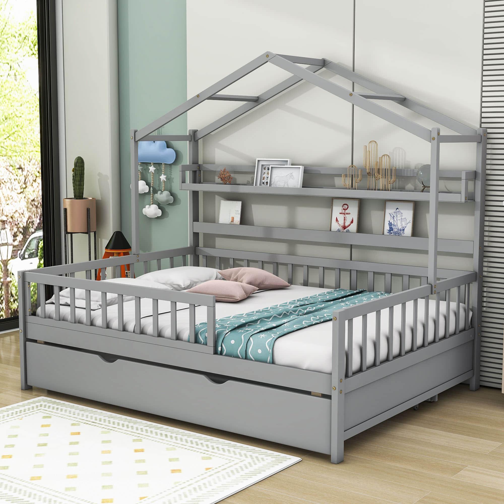 Wood Full Size Low House Bed Frame with Storage and Twin Trundle Bed