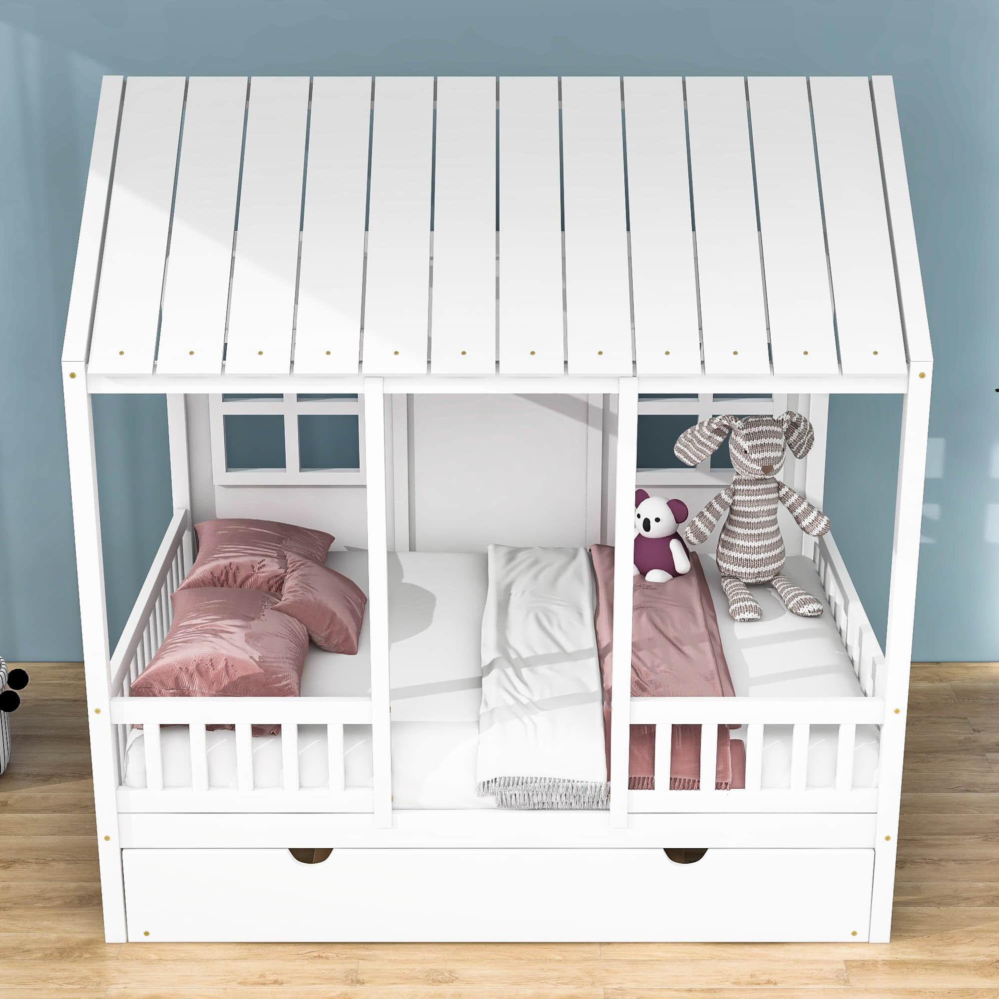 Wooden Full Size Kids House Bed with Twin Trundle Bed and Rails