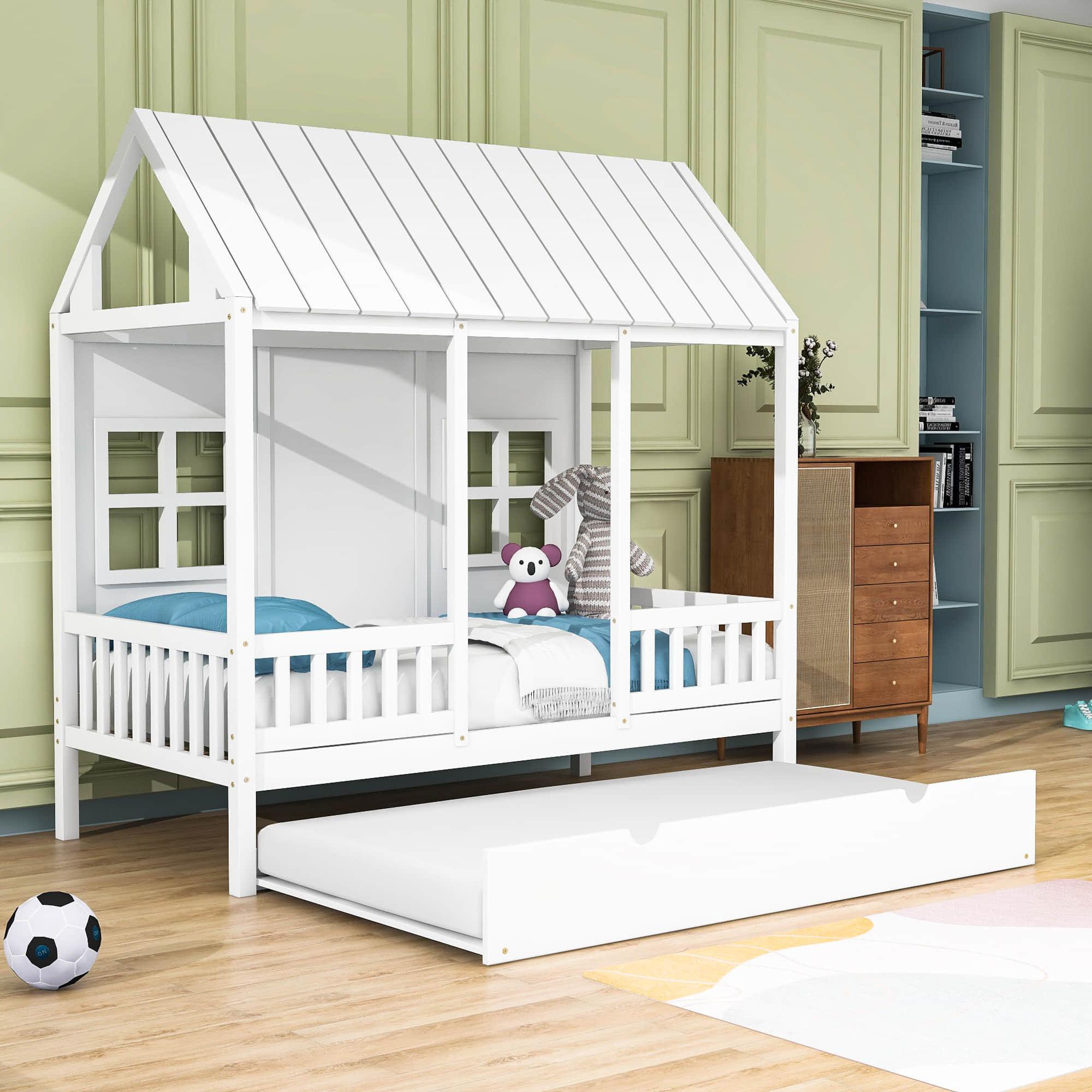 Wooden Twin House Kids Bed with Twin Trundle Bed and Rails