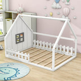 Full Size Wood House Floor Bed Frame with Rails for Toddler, Kids