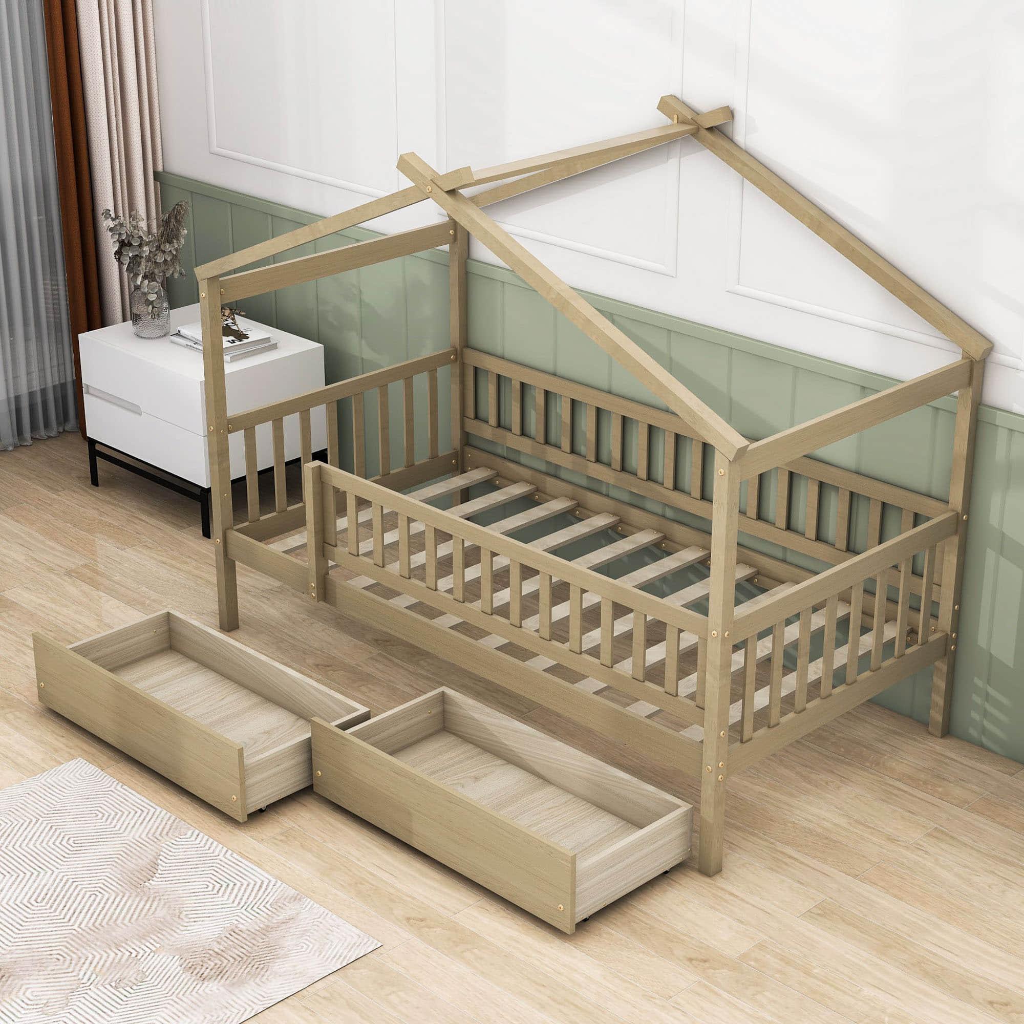 Twin Size Wood House Toddler Bed Frame with Rails and Storage