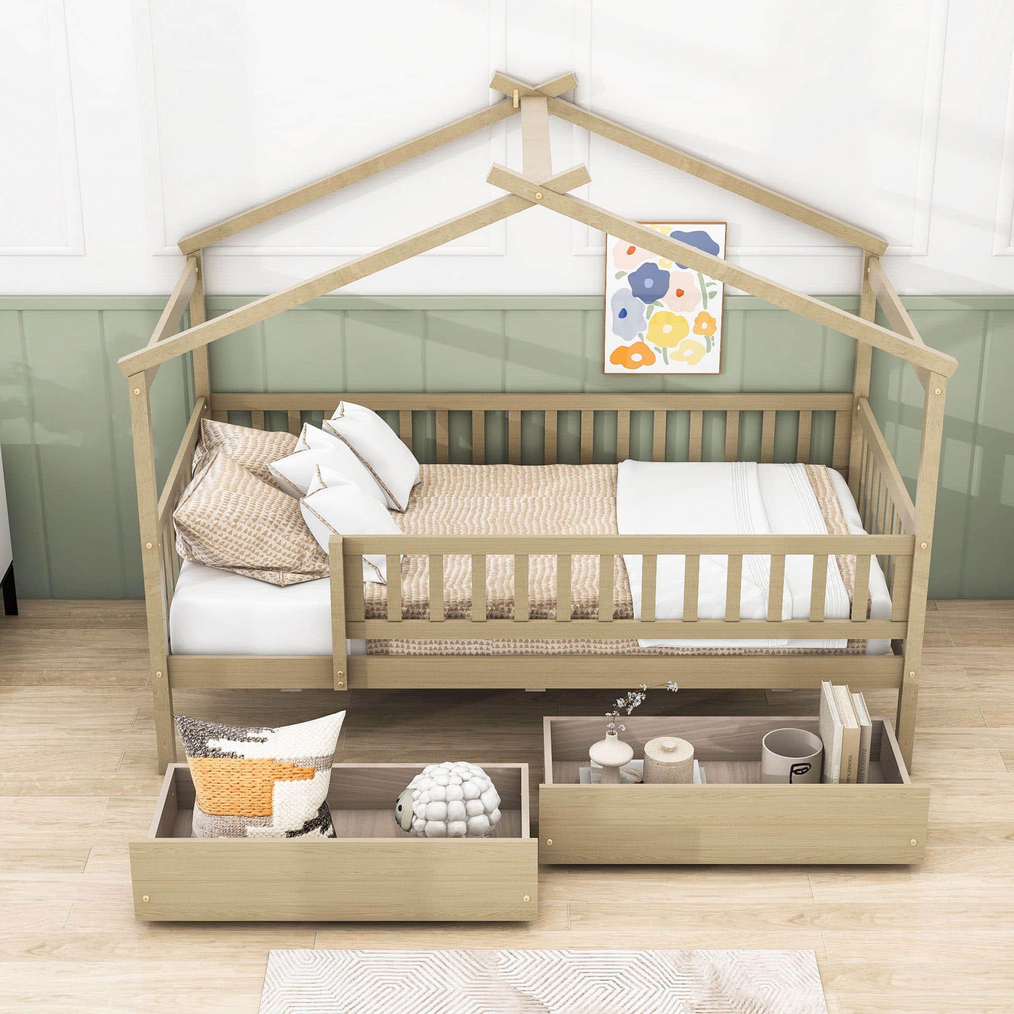 Twin Size Wood House Toddler Bed Frame with Rails and Storage