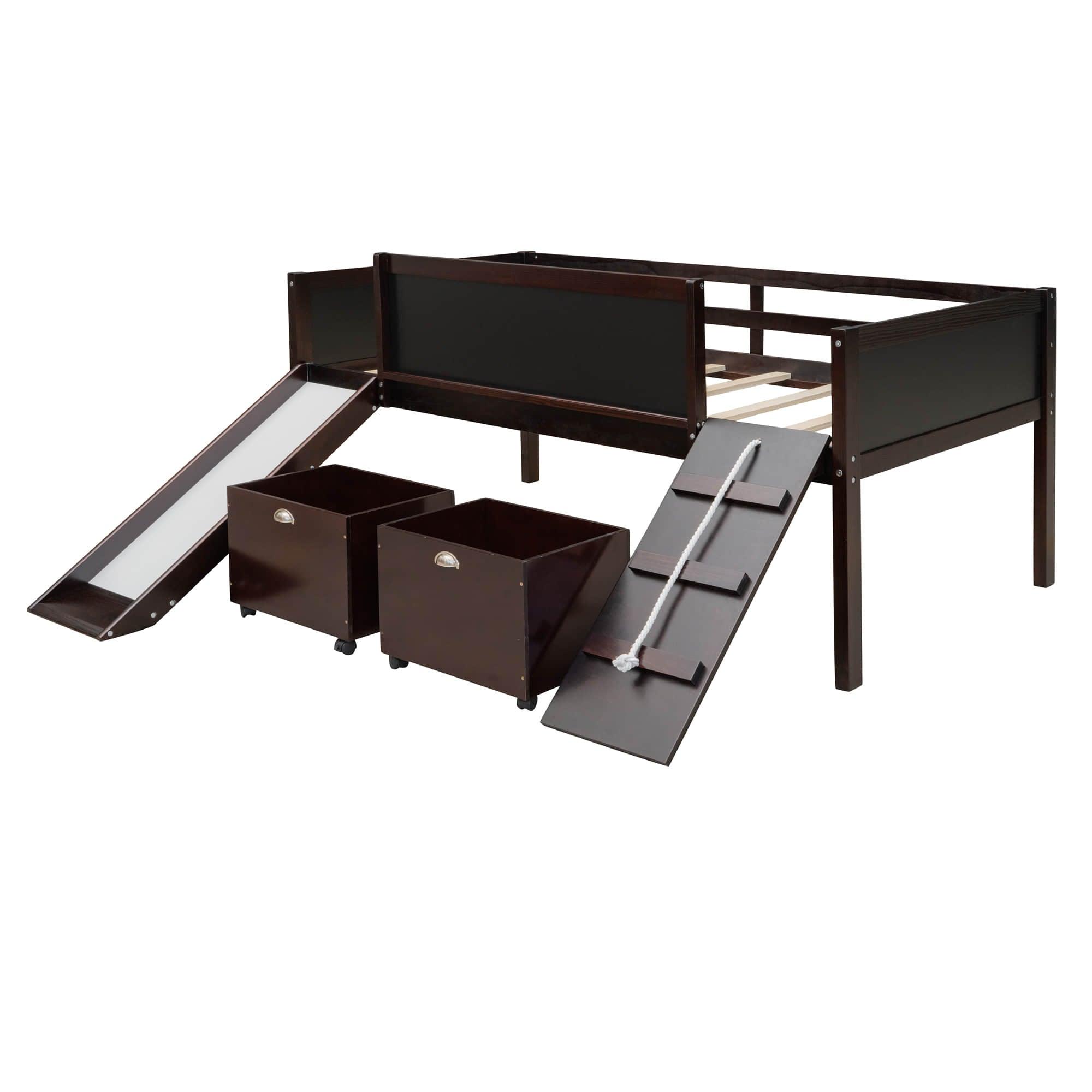 Low Kids Twin Loft Bed with Slide and Storage Boxes, Blackboard