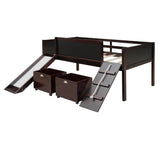 Low Kids Twin Loft Bed with Slide and Storage Boxes, Blackboard