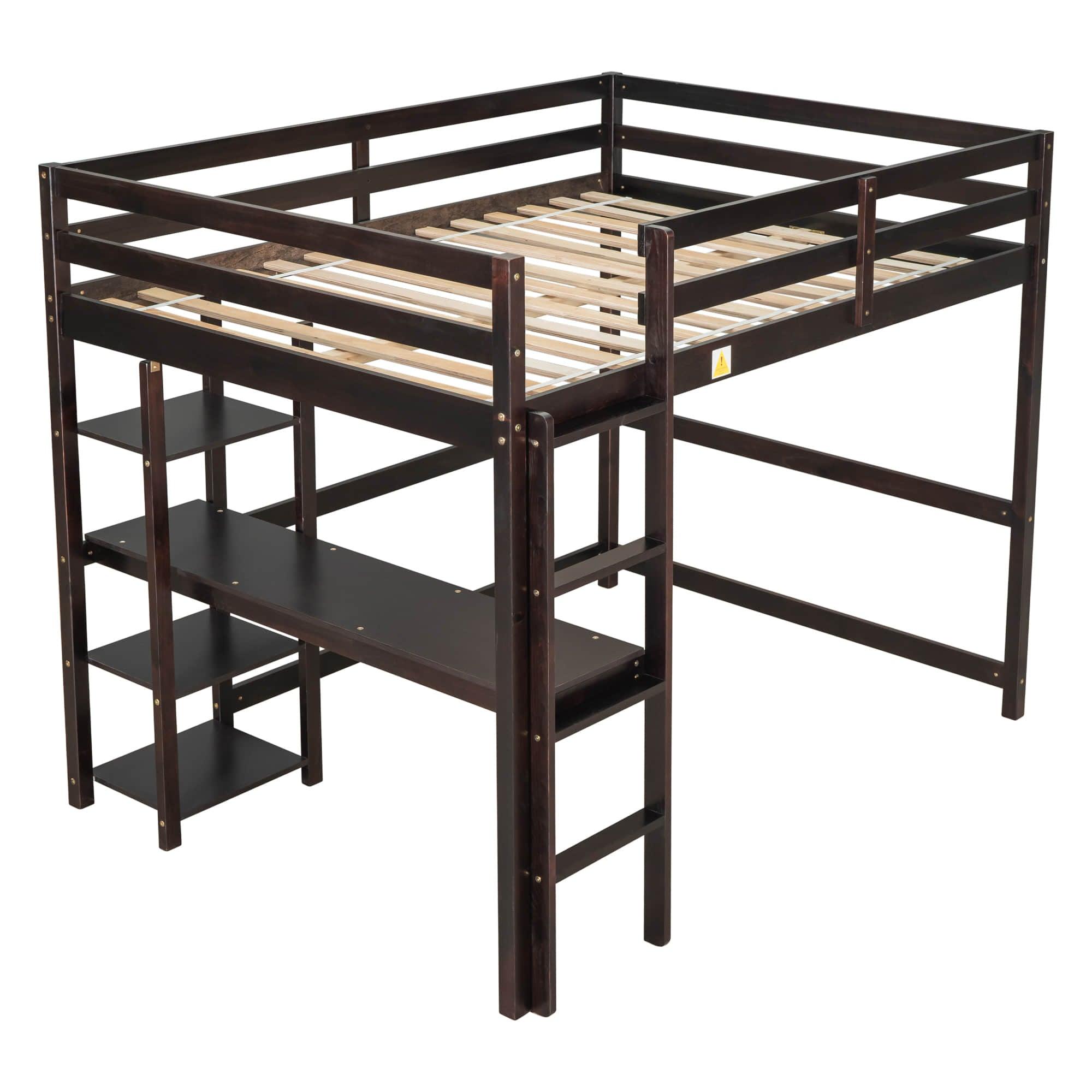 Wood Full Size Loft Bed with Desk and Storage Shelves for Kids, Teens