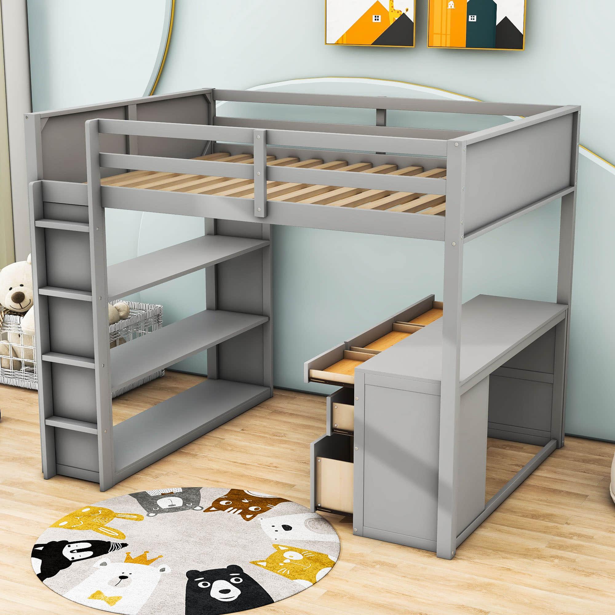 Full Size Loft Bed with Desk and Storage Drawers, Shelves for Adults, Kids - [Wood]