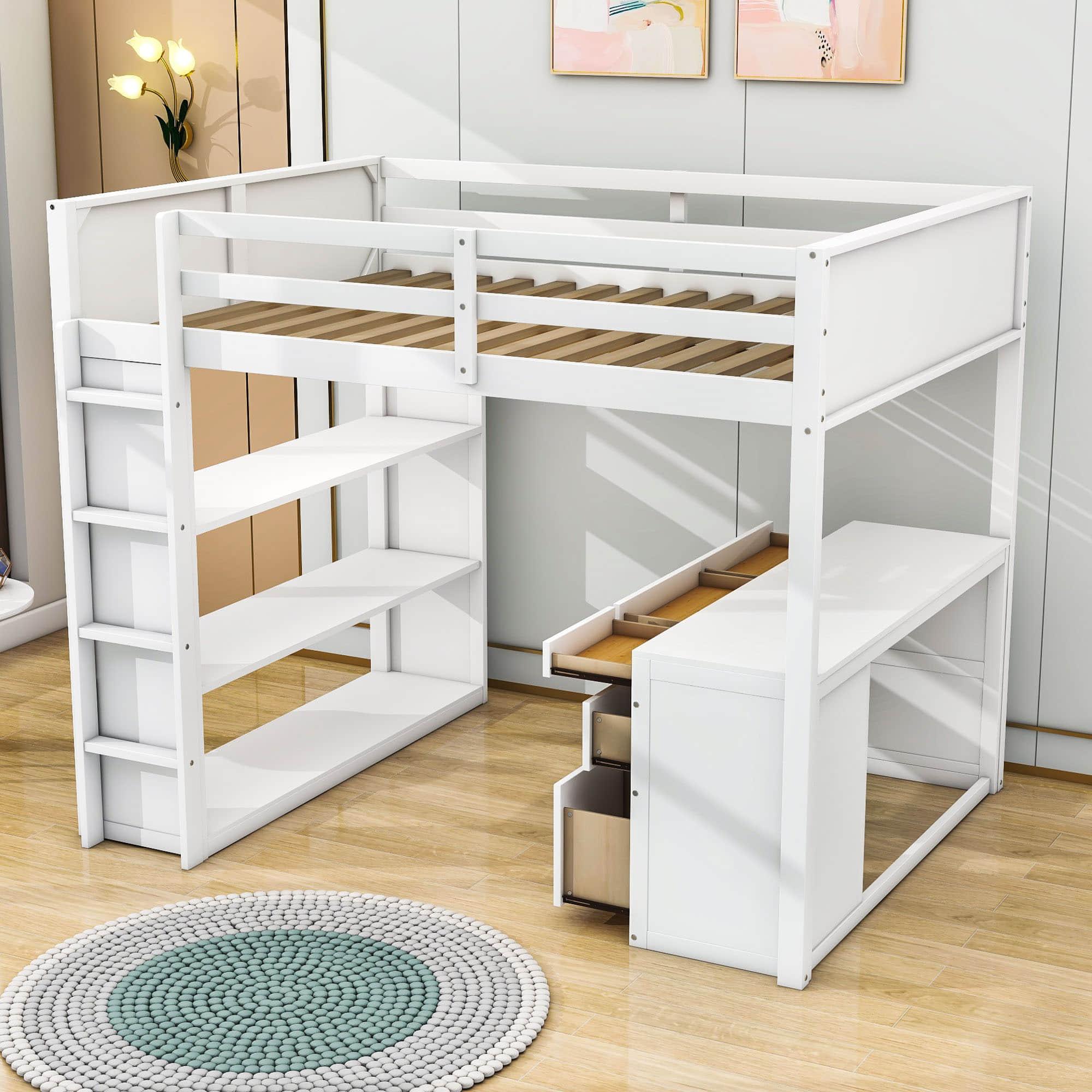 Full Size Loft Bed with Desk and Storage Drawers, Shelves for Adults, Kids - [Wood]