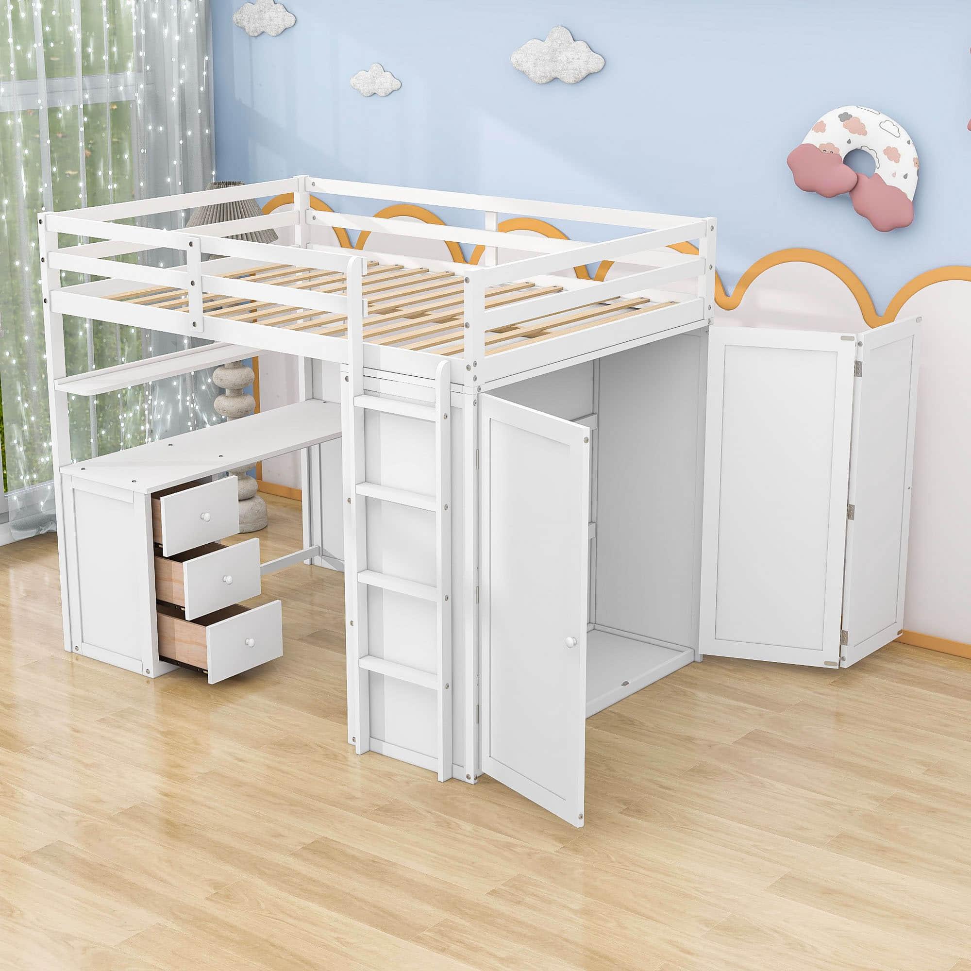 Full Size Loft Bed with Desk and Storage for Kids, Adults - [Wardrobe]