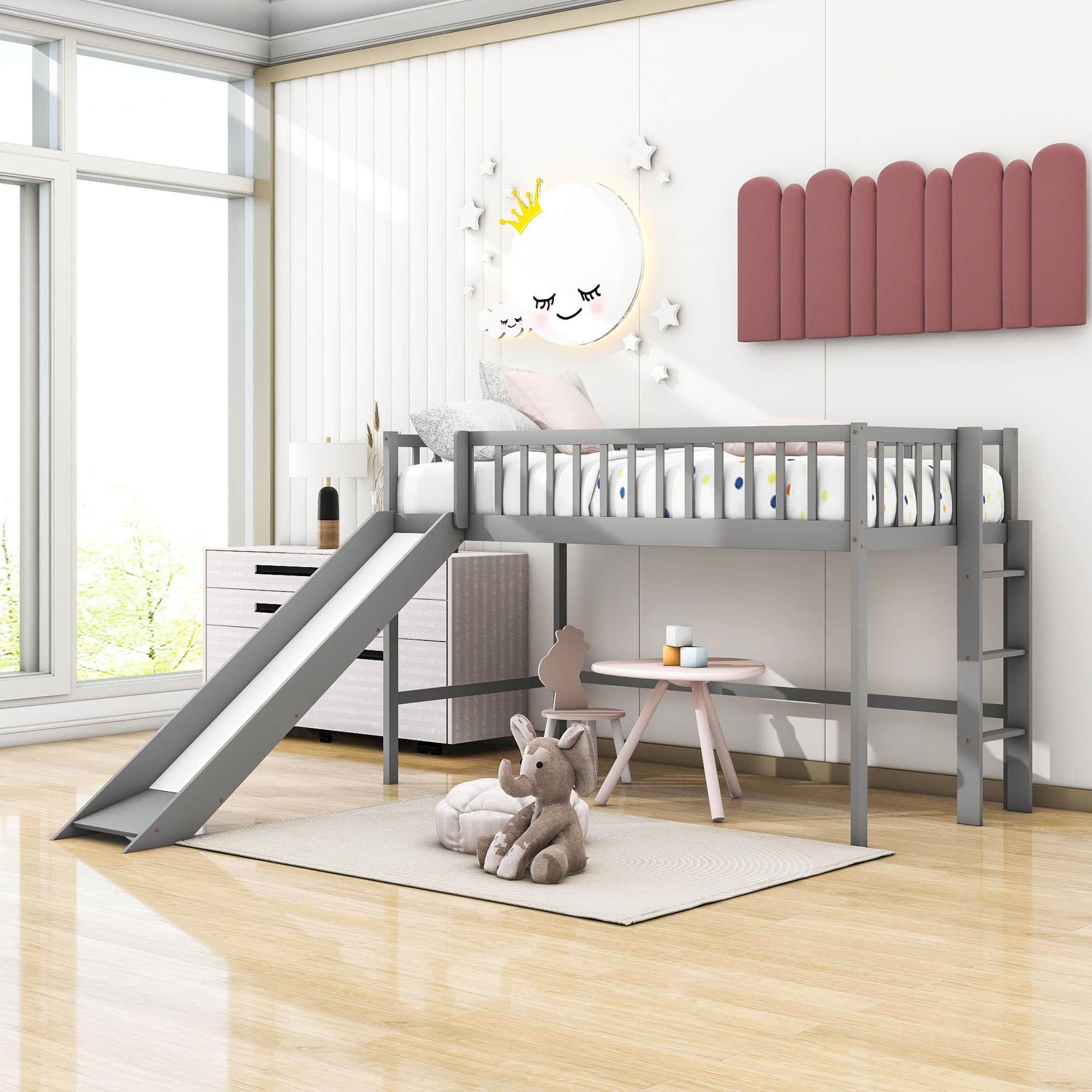 Small Twin Kids Loft Bed with Slide and Ladder - [Wood]