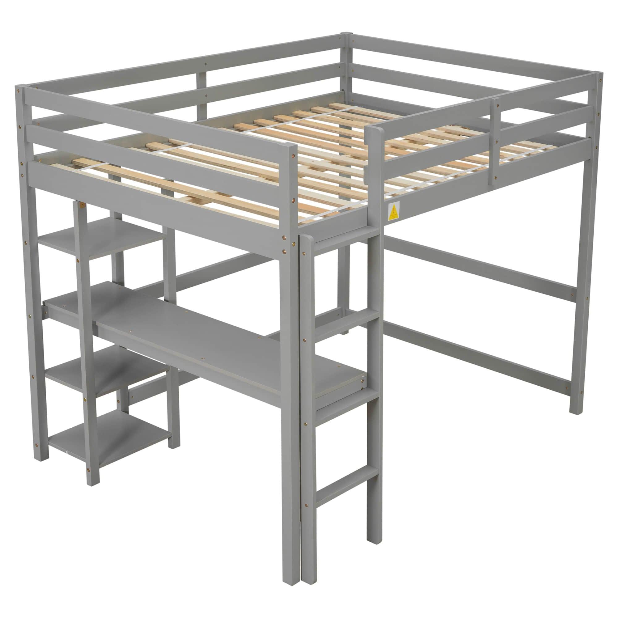 Wood Full Size Loft Bed with Desk and Storage Shelves for Kids, Teens