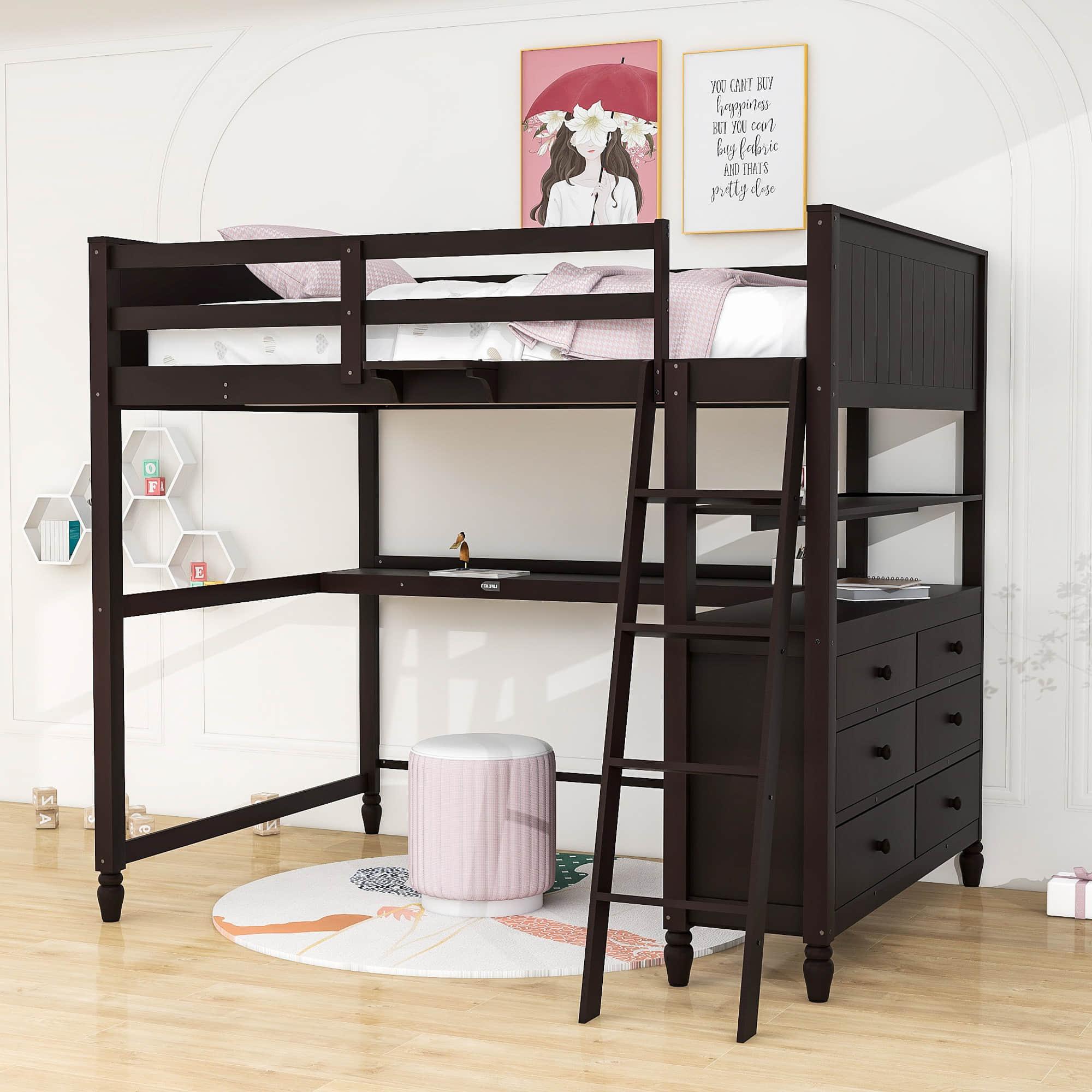 Full Size Loft Bed with Desk and Storage Dresser for Adult, Kids - [Wood, Drawers, Shelves]