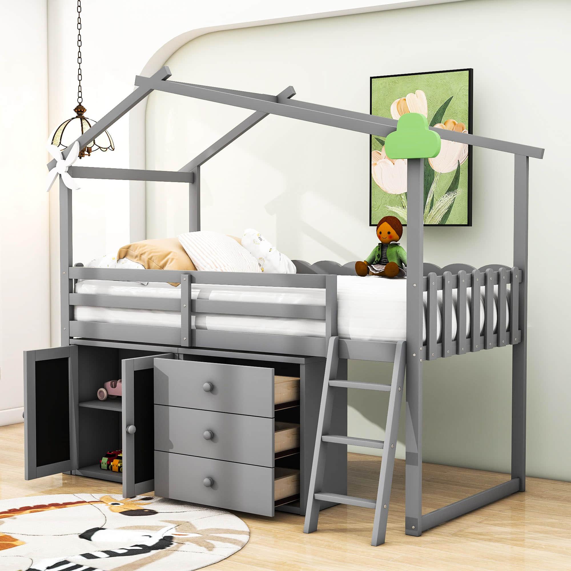 Twin Size Low House Loft Bed with Storage for Kids - [Cabinet, Drawers]