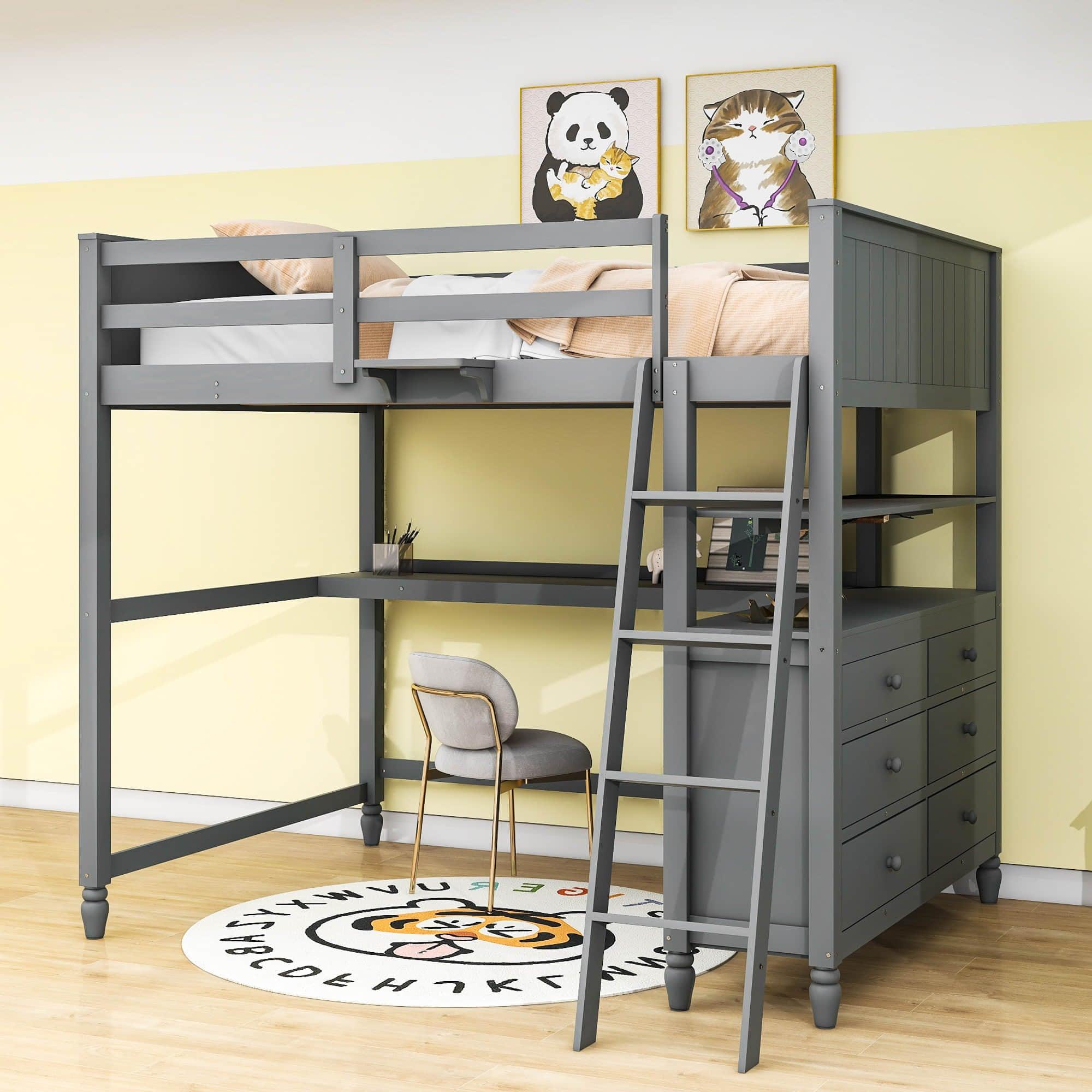 Full Size Loft Bed with Desk and Storage Dresser for Adult, Kids - [Wood, Drawers, Shelves]