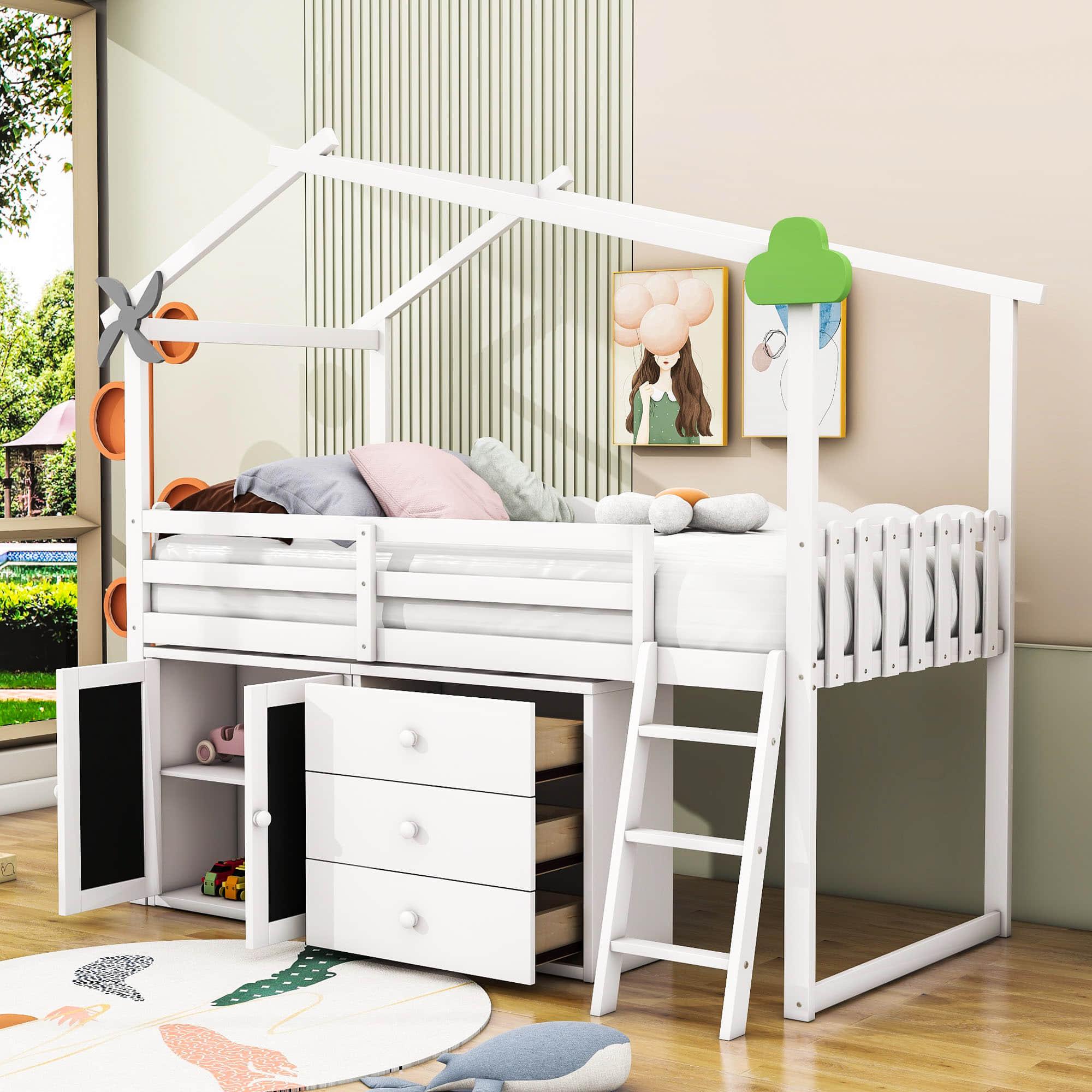 Twin Size Low House Loft Bed with Storage for Kids - [Cabinet, Drawers]