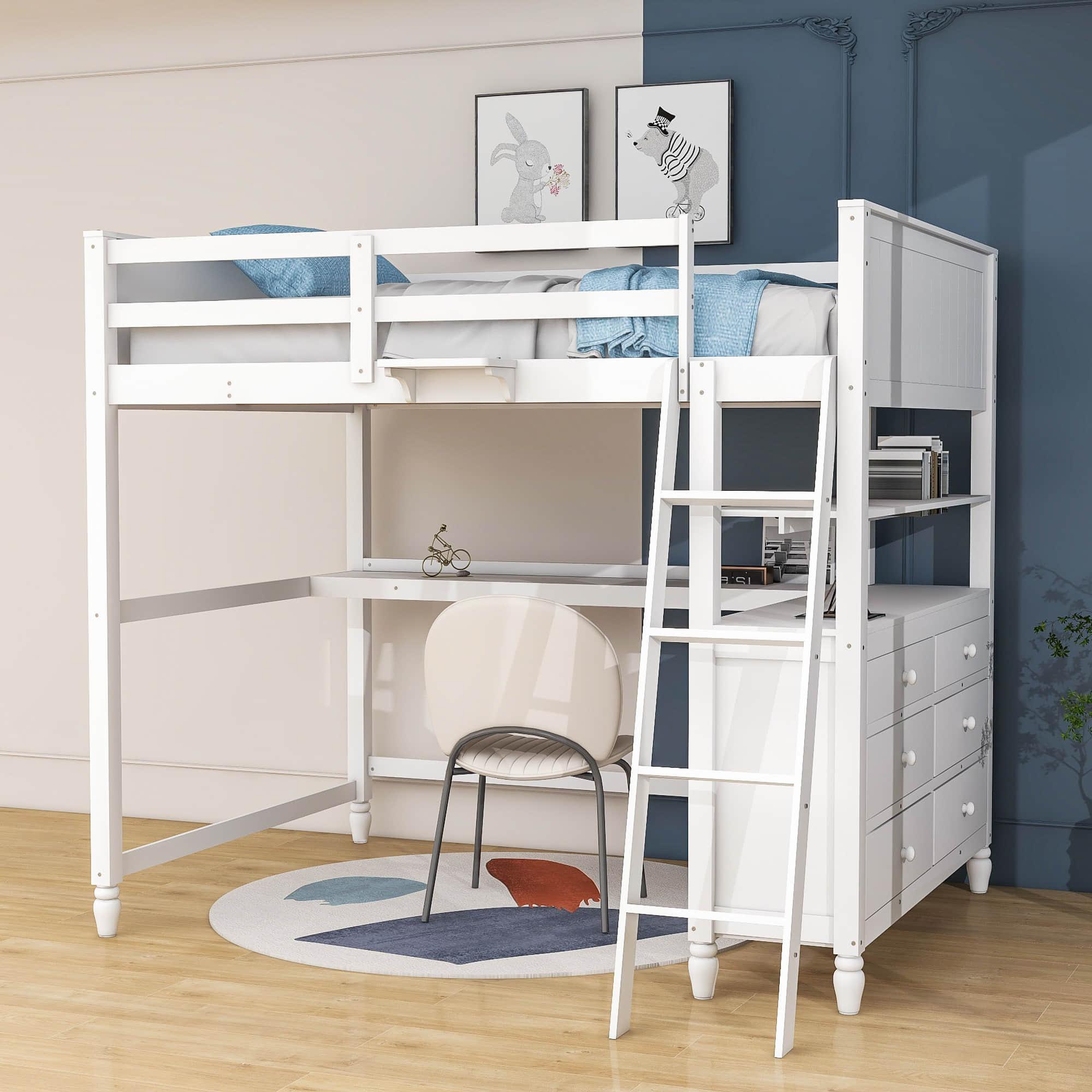 Full Size Loft Bed with Desk and Storage Dresser for Adult, Kids - [Wood, Drawers, Shelves]