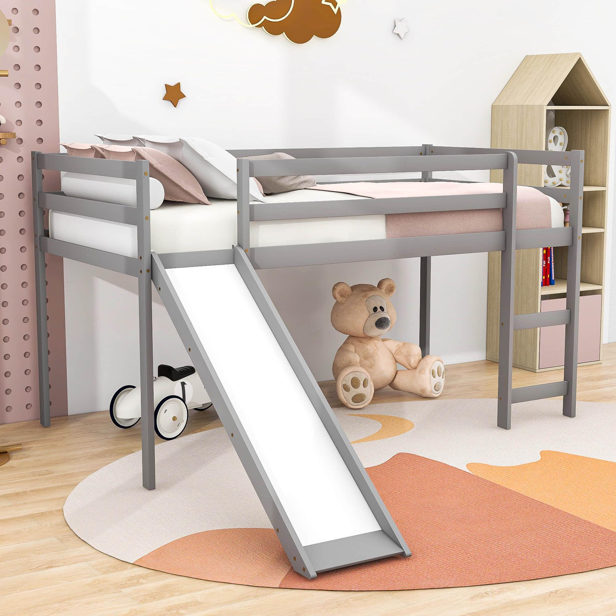 Wood Low Twin Loft Bed for Kids, Toddler with Slide