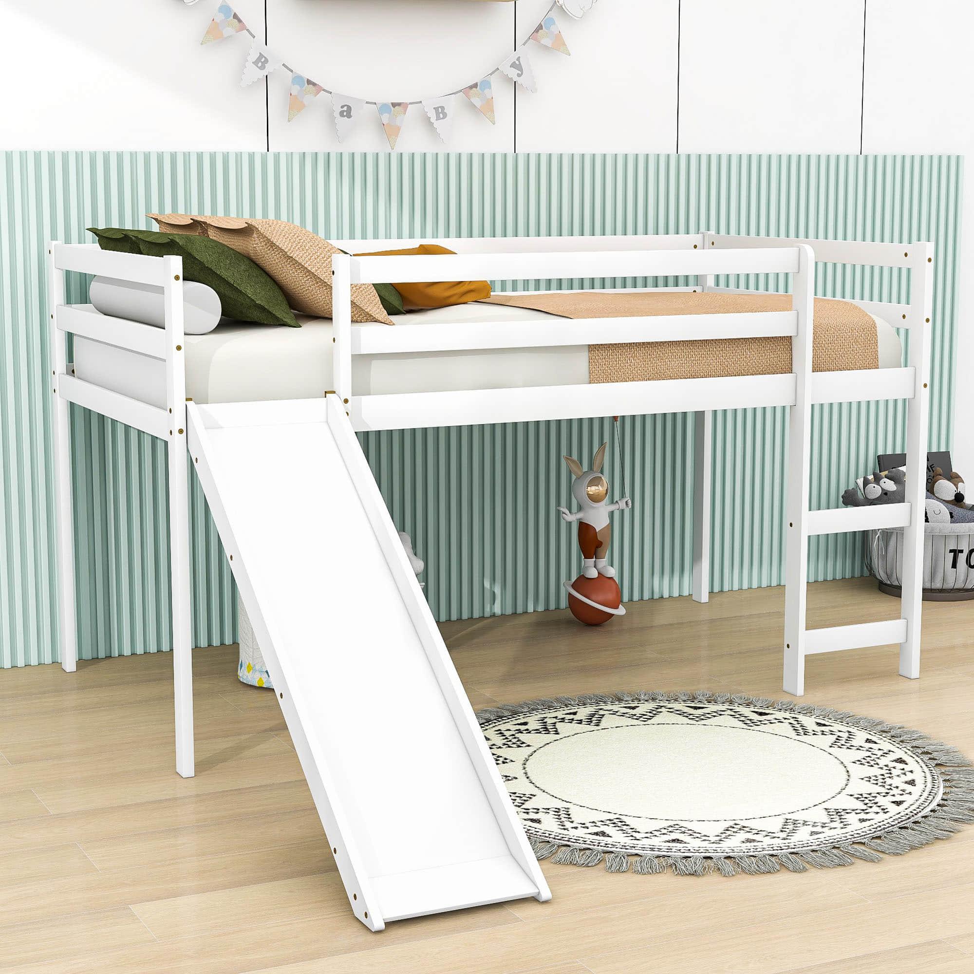 Wood Low Twin Loft Bed for Kids, Toddler with Slide