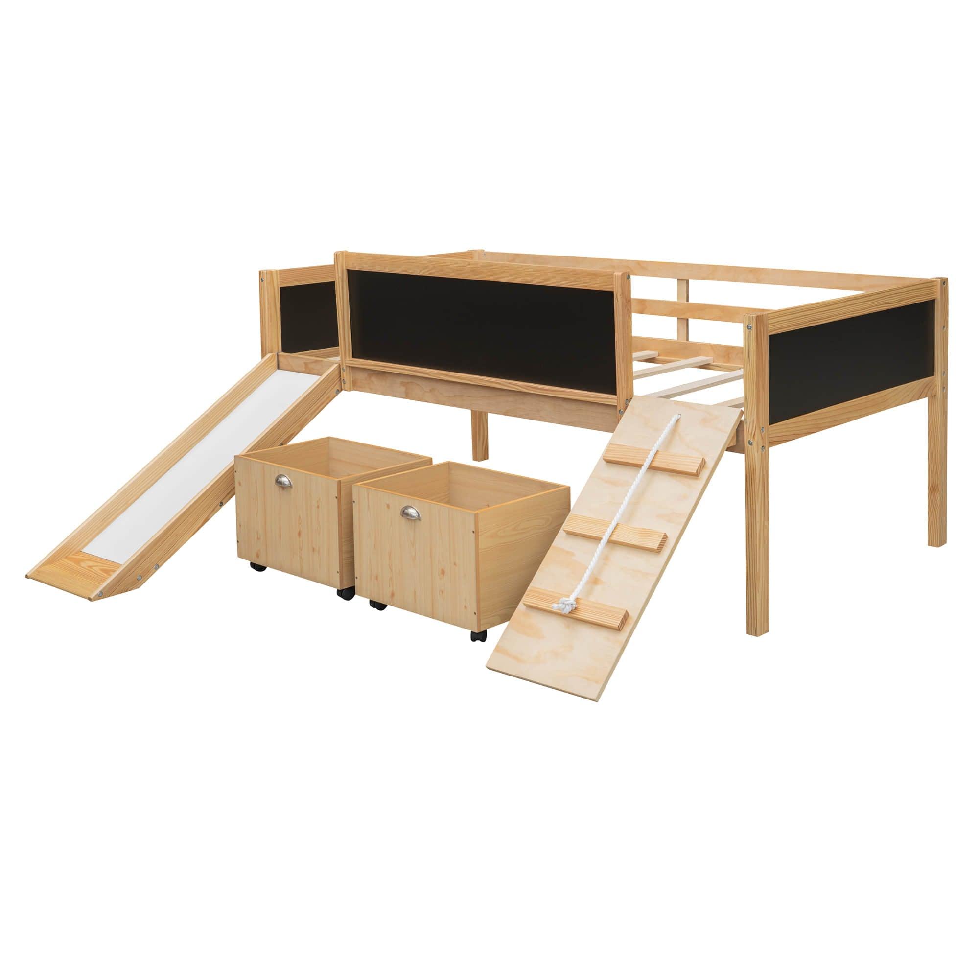 Low Kids Twin Loft Bed with Slide and Storage Boxes, Blackboard