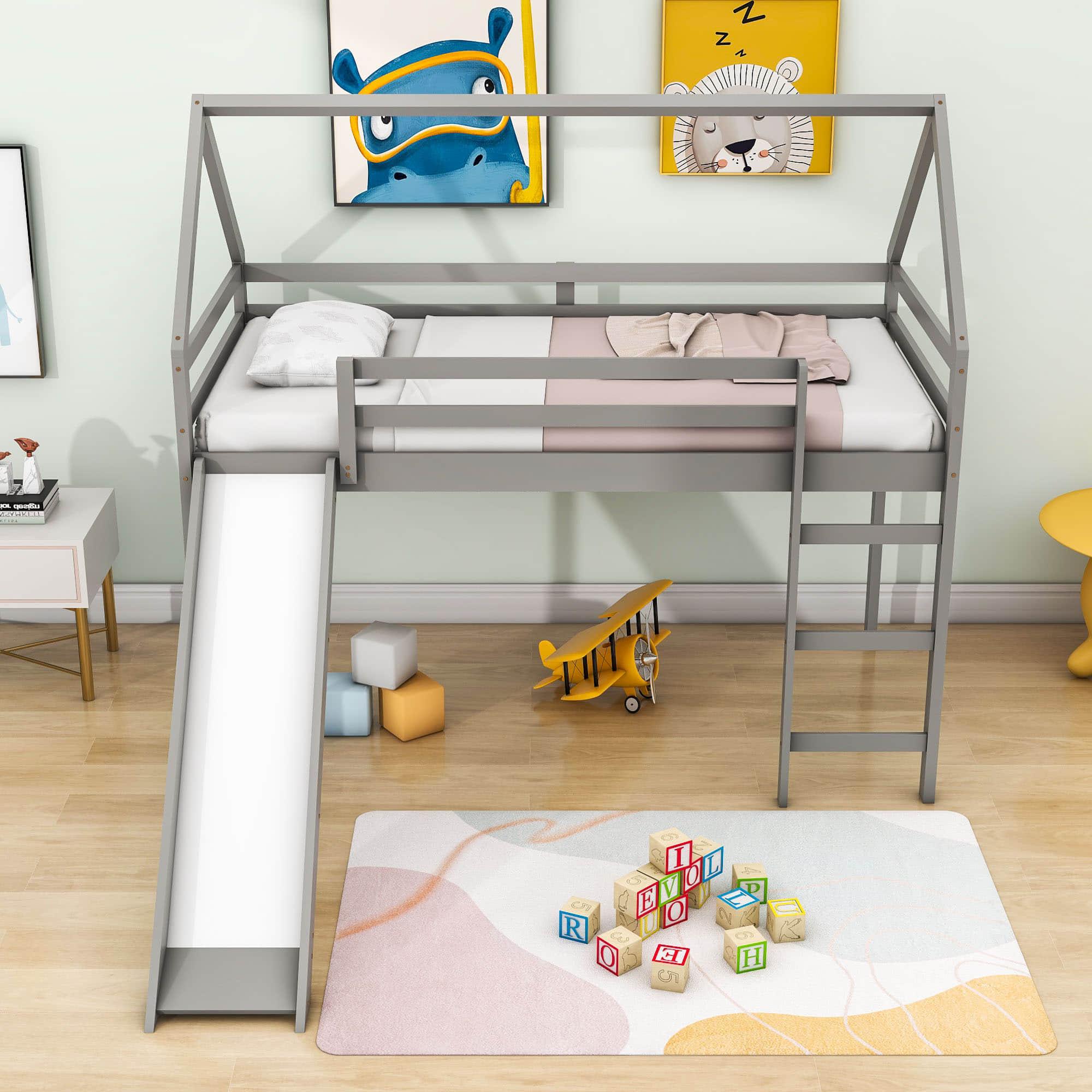 Wood House Twin Loft Bed for Kids with Slide