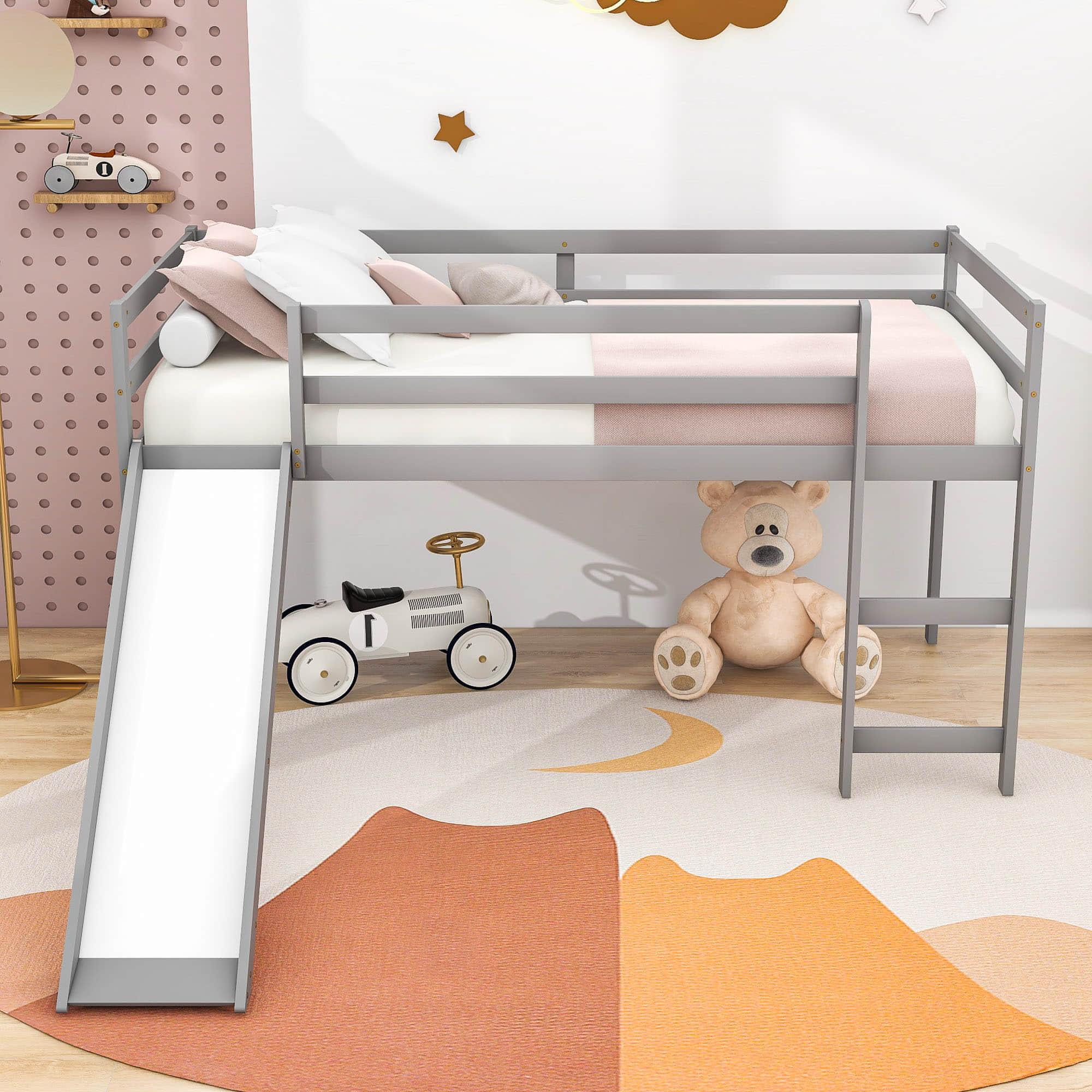 Wood Low Twin Loft Bed for Kids, Toddler with Slide