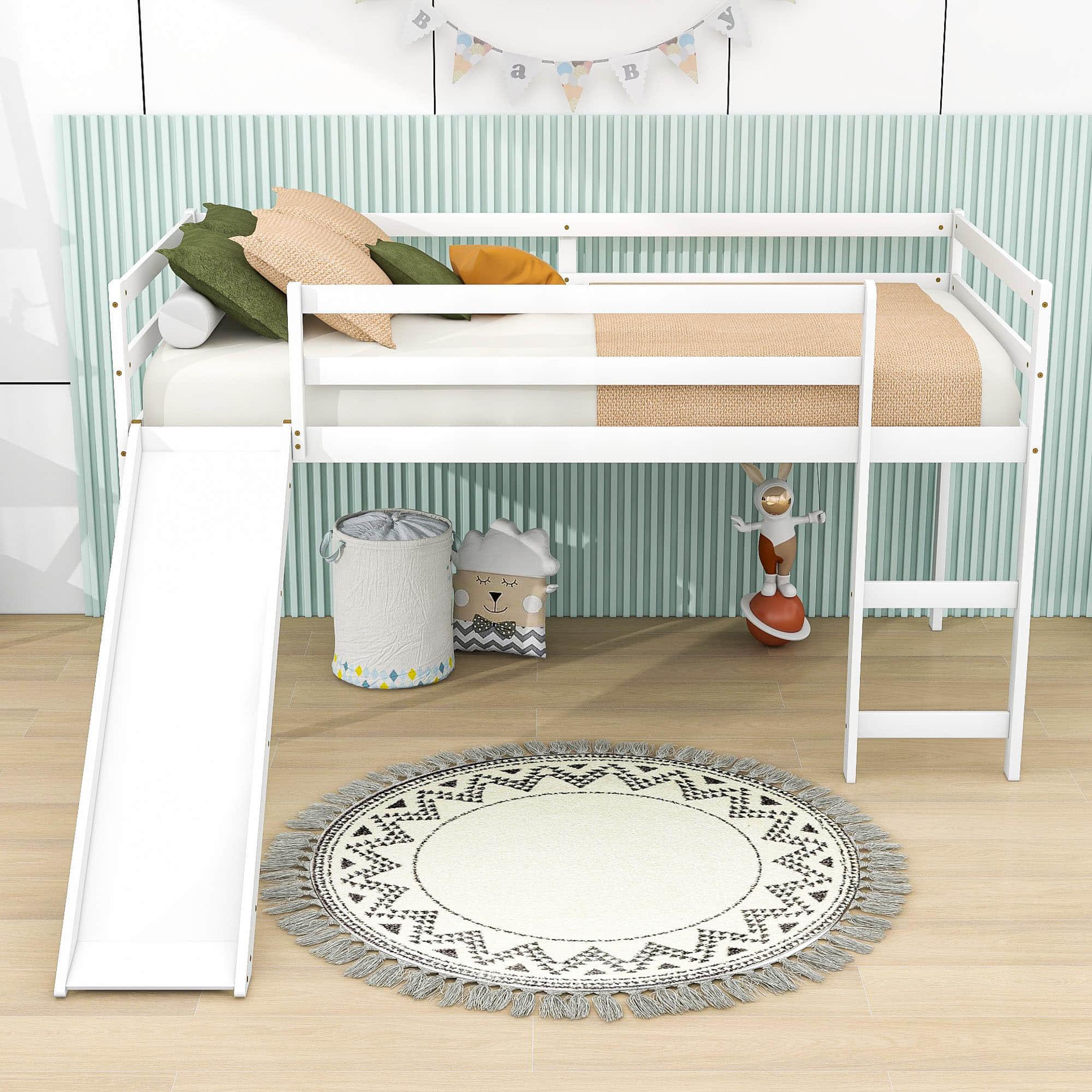 Wood Low Twin Loft Bed for Kids, Toddler with Slide