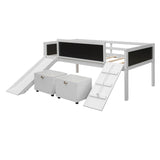 Low Kids Twin Loft Bed with Slide and Storage Boxes, Blackboard